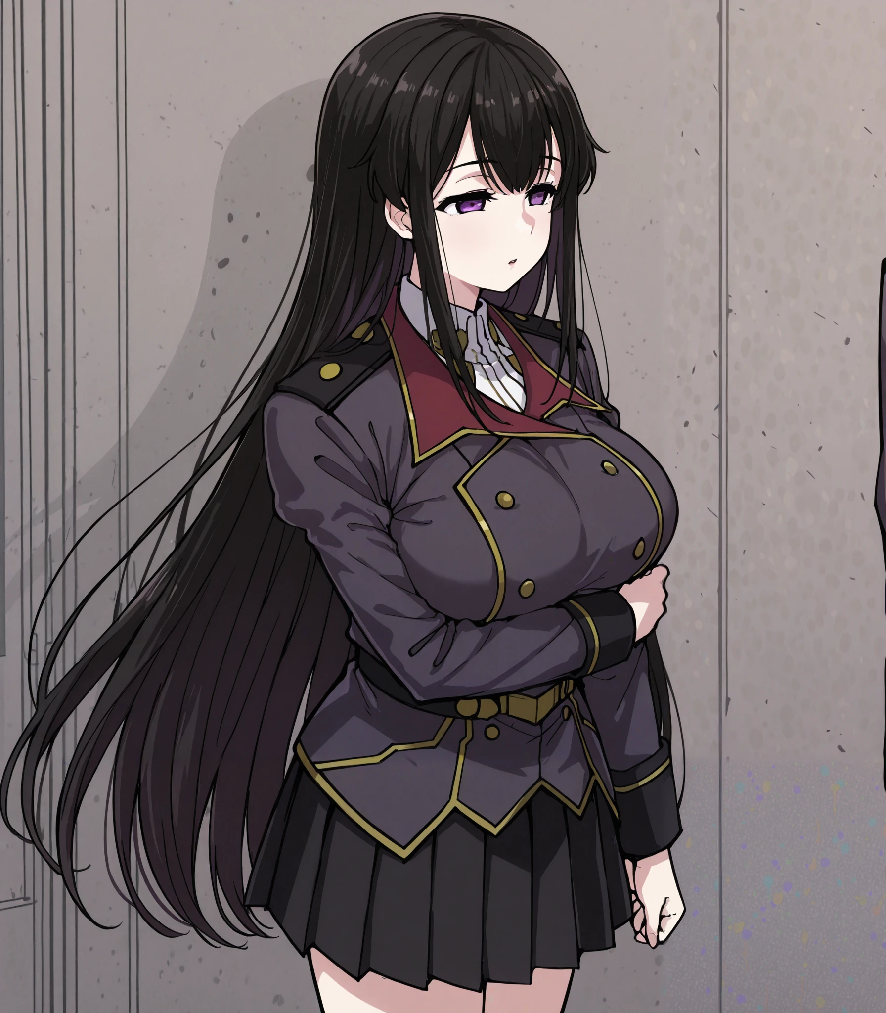 1 girl, Alone, Hina Ryazan , black hair, very long hair, purple eyes, narrowed eyes, big breasted, uniform, pleated skirt, wears a black skirt , Please take off your , 屋内で, big breasts、 Hollow Eyes