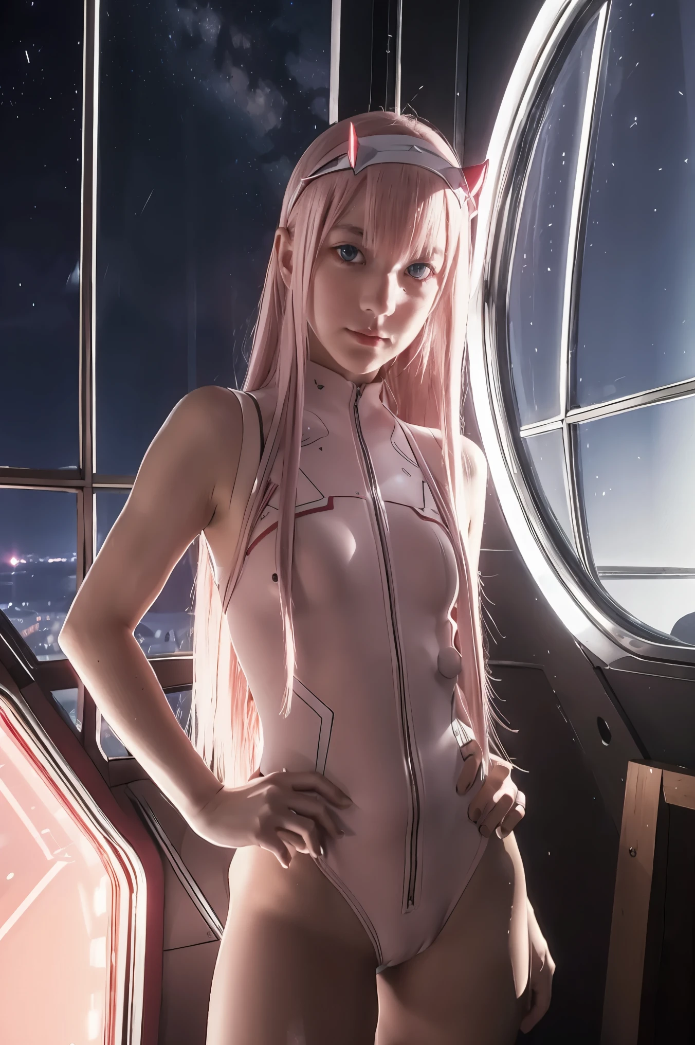 dynamic angle,ultra-detailed, illustration, straight on, 1girl, ((Zero two, interface headband with a pair of horns, red bodysuit:1.4, pink hair)), Her eyes shone like dreamy stars,(glowing eyes:1.233),(beautiful and detailed eyes:1.1),(expressionless, closed mouth),(standing), (mechanic room with tools and spaceship window in a white SPACESHIP), (night:1.2), dreamy, [[delicate fingers and hands:0.55]::0.85],(detail fingers), smirk,