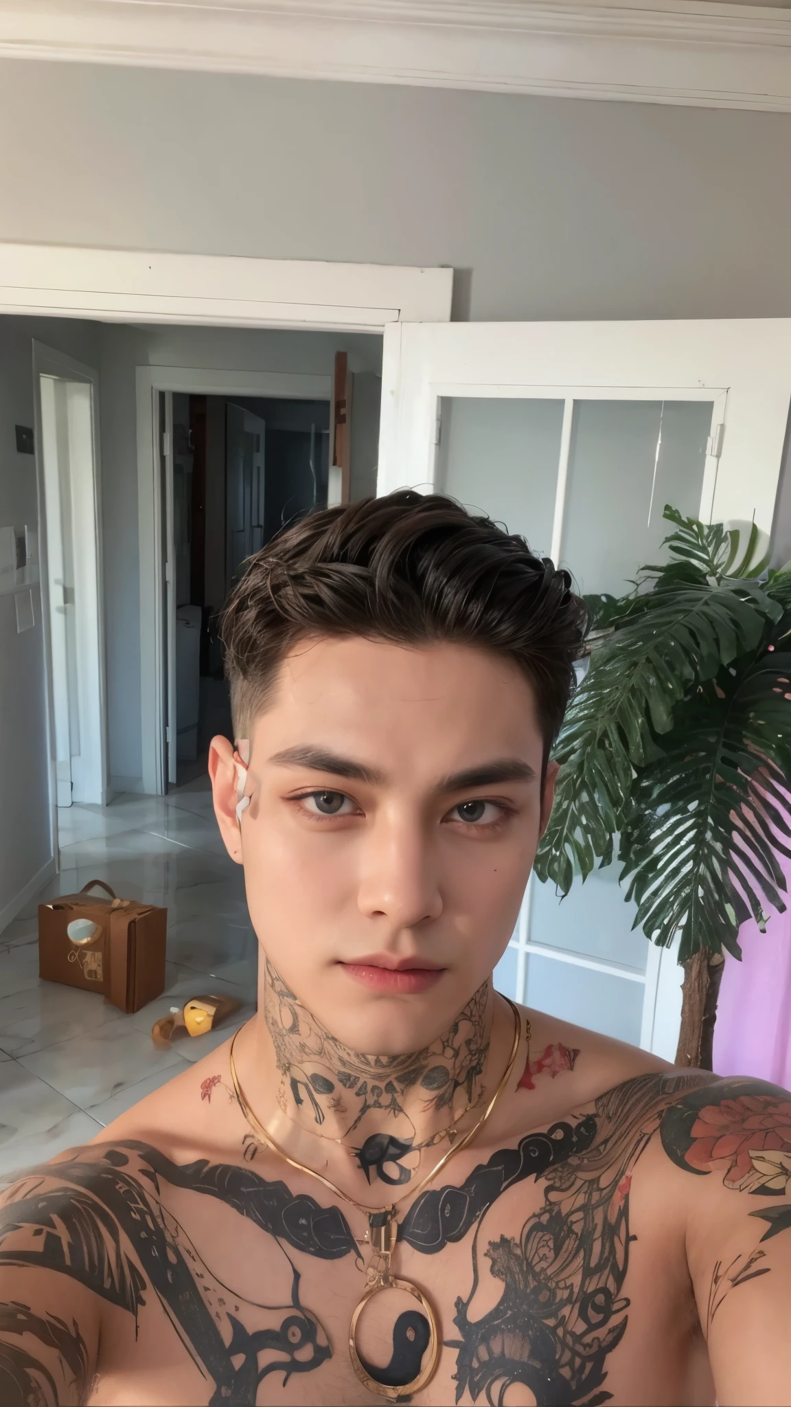arafed man com tatuagens on his chest and chest, estilo de seb mckinnon, com tatuagens, marcas em seu rosto, com tatuagem facial, com tatuagens de runas no rosto, Lil Peep, 18 anos de idade, imagem de perfil, levemente cicatrizada em seu rosto, marco lense, handsome androgynous prince, cicatrizes em seu rosto, imagem de perfil