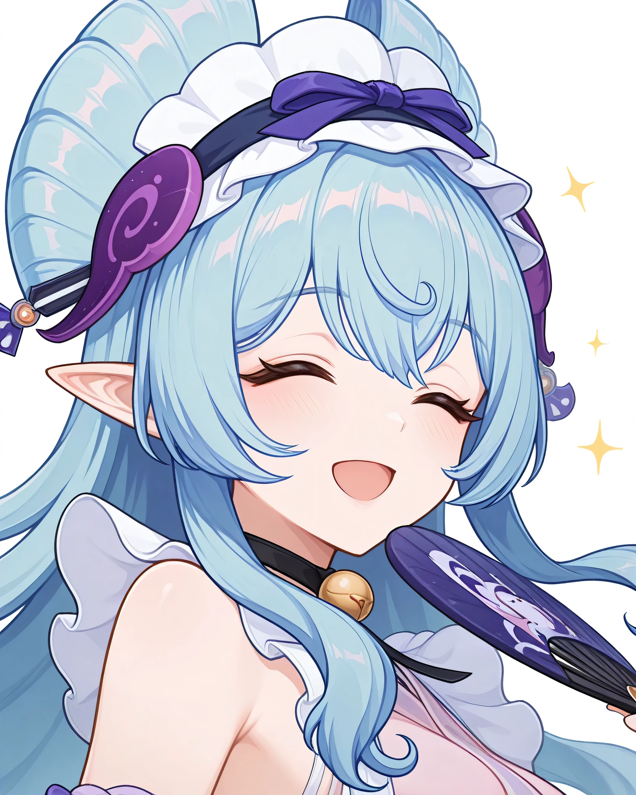 masterpiece, Mizuki,1 Girl, long hair, bangs, blue hair, maid headdress, Pointed ears, happy , closed eyes , Holding a fan,The fan covers half of the face