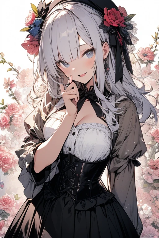 highest quality, ultra high resolution, super detailed, gorgeous, masterpiece, best quality, high resolution finely detailed, extremely beautiful, distinct image, frilly off-shoulder blouse, pleated skirt, 1 girl, 21 years old, soft and cute facial features, oval shaped face, heterochromia(left eye: red)(right eye: silver), innocent eyes, E-cup breasts, short height(160cm), slim thick body, flowing pink-white hair, narrow waist, modern times background, lightly tanned alabaster skin, hip-level shot