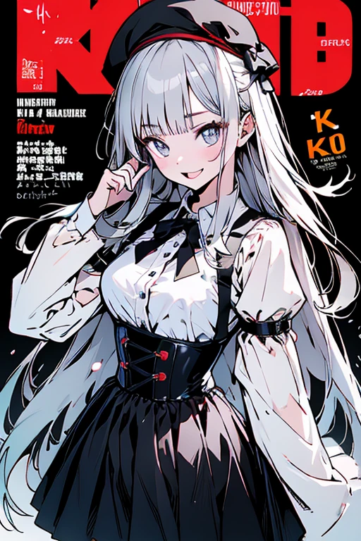 masterpiece, best quality, highres, hmnaa, hair ornament, mask on head, long sleeves, wide sleeves, epaulettes, black pantyhose, thigh strap, bell, cowboy shot, fang, indoor, peace sign,h,grin,nsfw,sweating,(trembling:1.2)