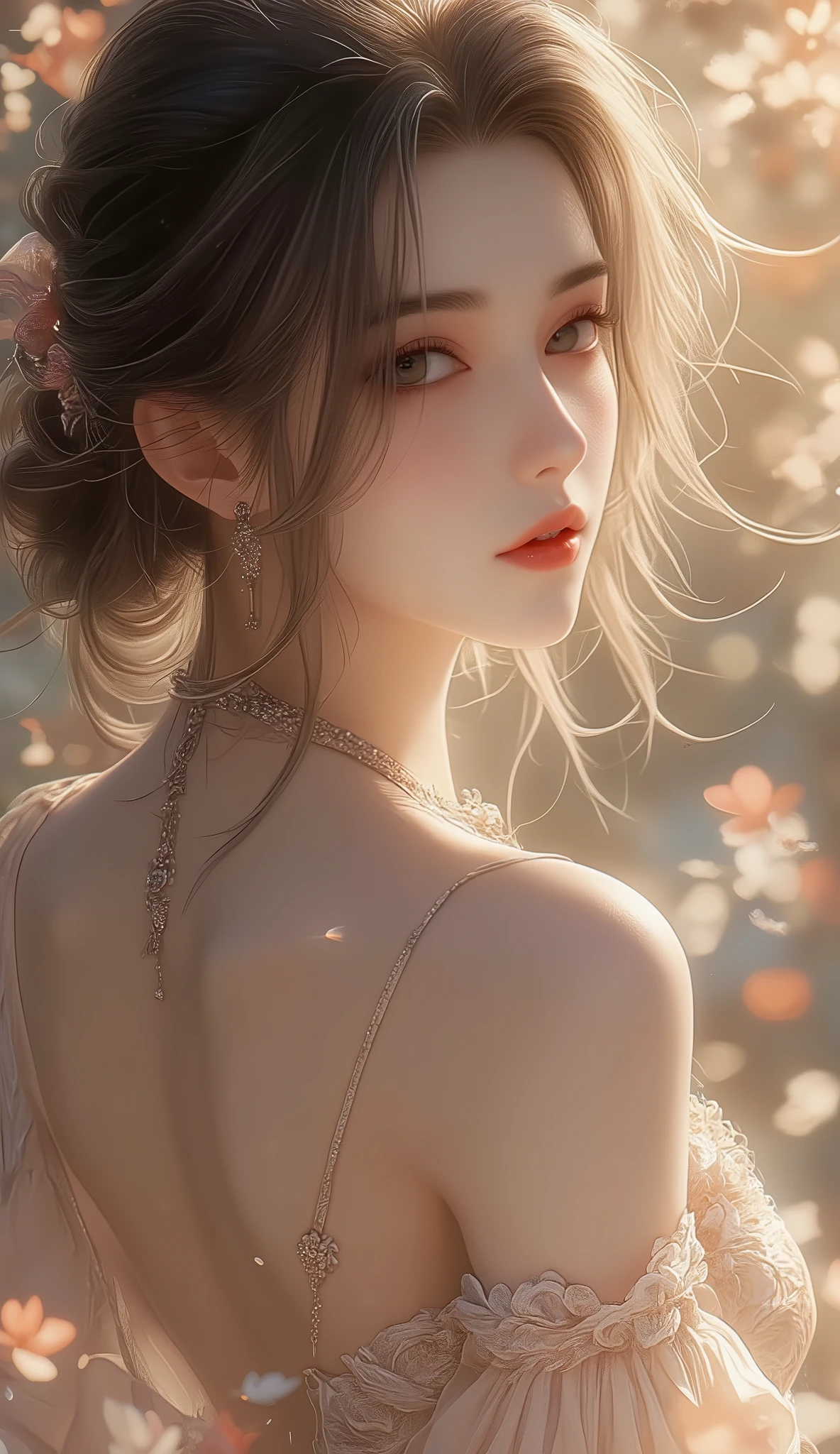 (( top quality)),(  Supernatural),(  very detailed),(  Detailed Explanation ),((  best CG  )),(  BEST ARTWORK  ), Ultra-precise art,  Amazing Painting Art,( Exquisite Art:1.5), woman,  beautiful and well-groomed face getting wet in the river,  lustrous hair,  Backless Dress ,  jewelry back necklace　 warm sunshine,  The wind blowing through