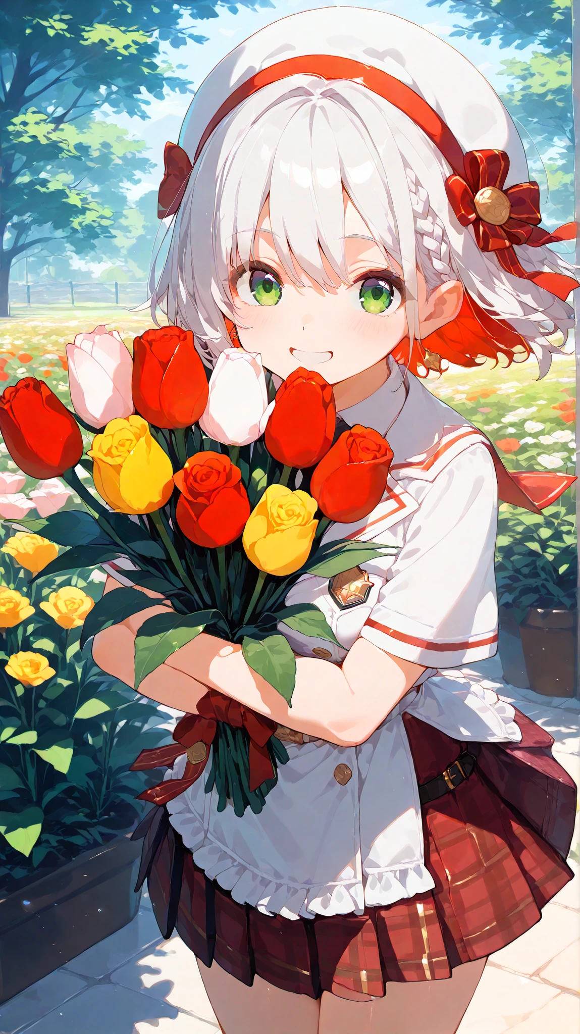 (master piece, professional quality, high resolution, 8k, sharp focus) Valentine, cute ledy, solo, joyful smile, Topaz eyes, smooth skin, corolla, medium hair, pastel inner hair, asymmetrical bangs, low twinbraids, Flower garden, Pure white mini dress, Plaid mini skirt, Holding a large bouquet of tulips, A rose among tulips, hugging object, from above, look at viewer, light sparkles, cowboy shot