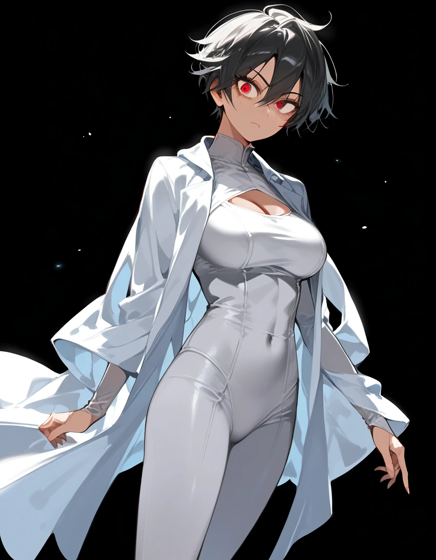 (8k、Best image quality、Highest quality、masterpiece)、Detailed face、One  girl、Black Hair、Bright Blue Eyes、Wicked Smile、((steam, sweat, Grin))、Small breasts、((White oversized long shirt)), No underwear、Cowboy Shot、entrance、Open the door、(A big, muscular black man hugging her from behind:1.3)