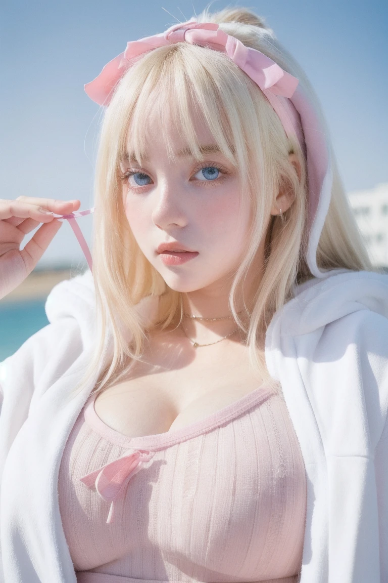 portrait, Best shot, Platinum blonde hair, silky straight hair, Very beautiful nice cute 22 year old girl, smile, ((whole body)), ((Pink rabbit costume)), outer space,