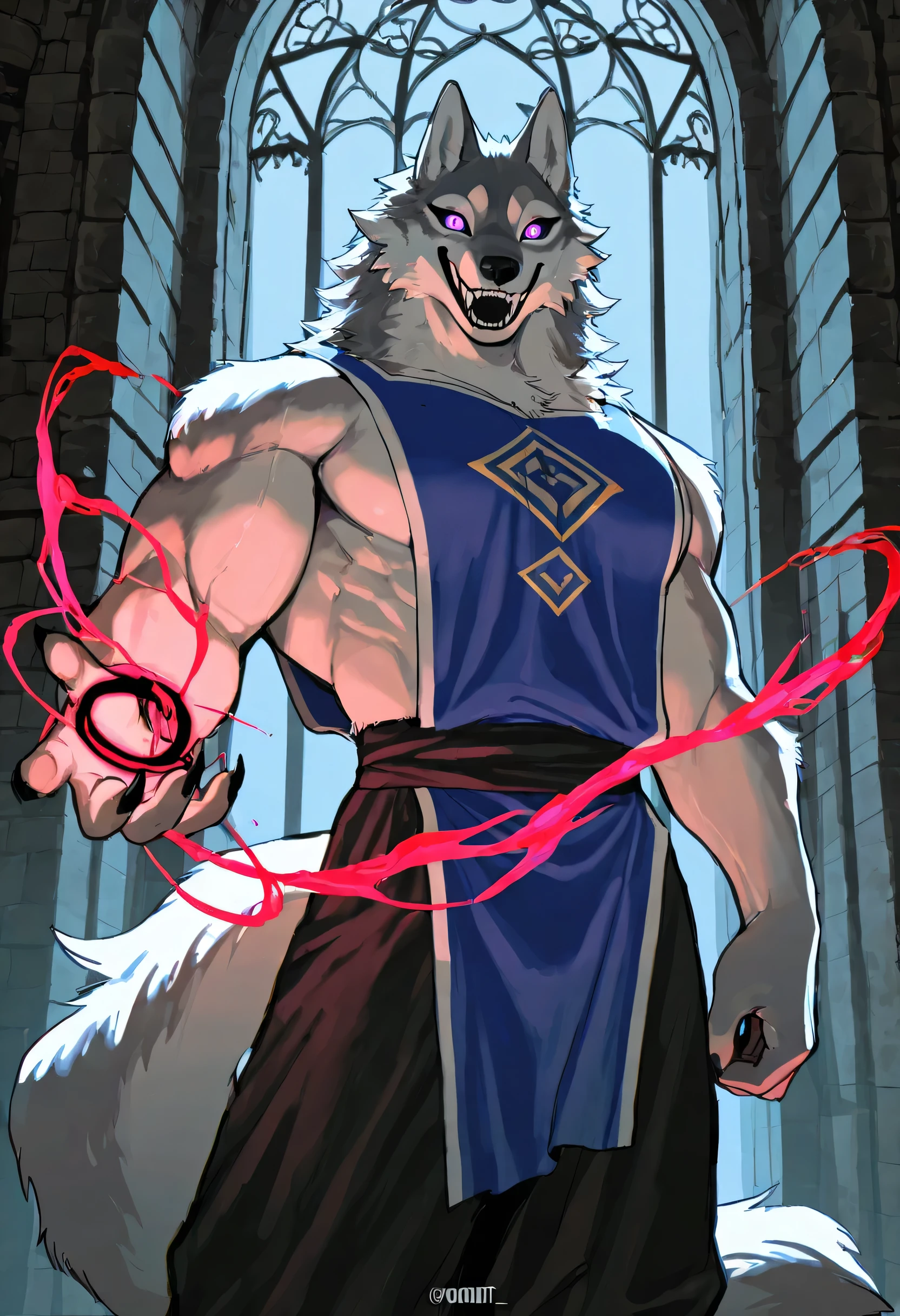 (soft shading), 4k, hi res, ((detailed face, detailed, Best quality, masterpiece, detailed anatomy, detailed eyes, detailed hands, perfect lighting, perfect shading)) by Bebebebebe, K0BIT0WANI, Kiyosan, Wolf, solo, creep smile, white furs body, black backwards horns, muscular body, tail, dark purple eyes, adult body, dark red magic energy ring on the right palm, disembodied 6 dragon's claws around, blue tabard, black baggy pants, in the ruined castle hall