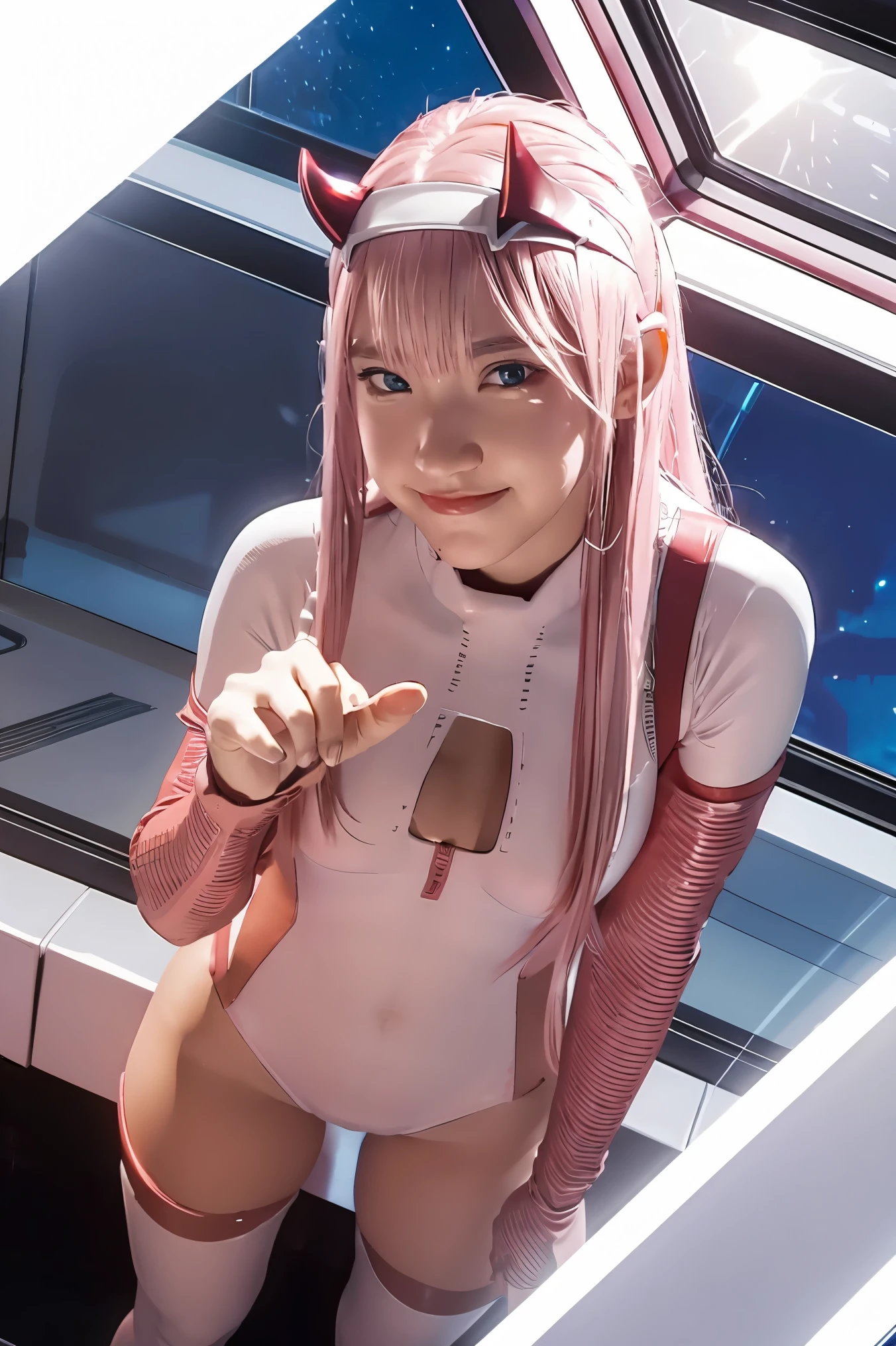 (Overhead view),dynamic angle,ultra-detailed, illustration, straight on, 1girl, ((Zero two, interface headband with a pair of horns, red bodysuit:1.4, pink hair)), Her eyes shone like dreamy stars,(glowing eyes:1.233),(beautiful and detailed eyes:1.1),(expressionless, closed mouth),(standing), (mechanic room with tools and spaceship window in a white SPACESHIP), (night:1.2), dreamy, [[delicate fingers and hands:0.55]::0.85],(detail fingers), smile, POV from below