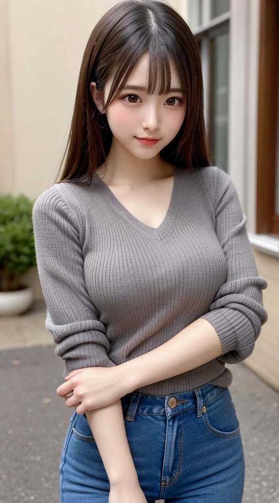 ((highest quality、Masterpiece、High resolution))、(((Zoom photo of upper body)))、(A shy smile:1.2)、One woman、Big Breasts、sweater、Black Hair、Trimmed bangs、Straight Hair