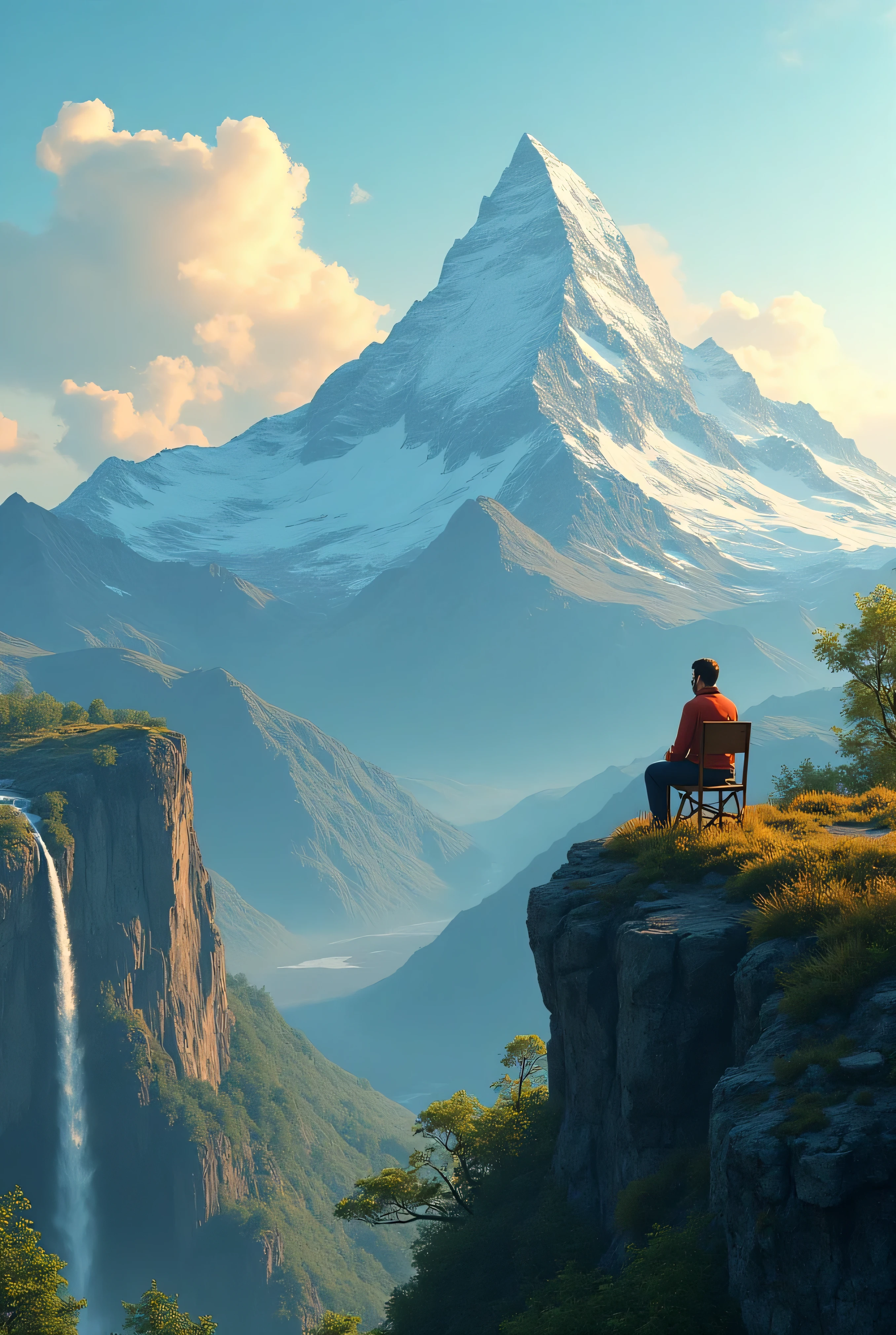 There is a man sitting on a bench overlooking a waterfall - SeaArt AI