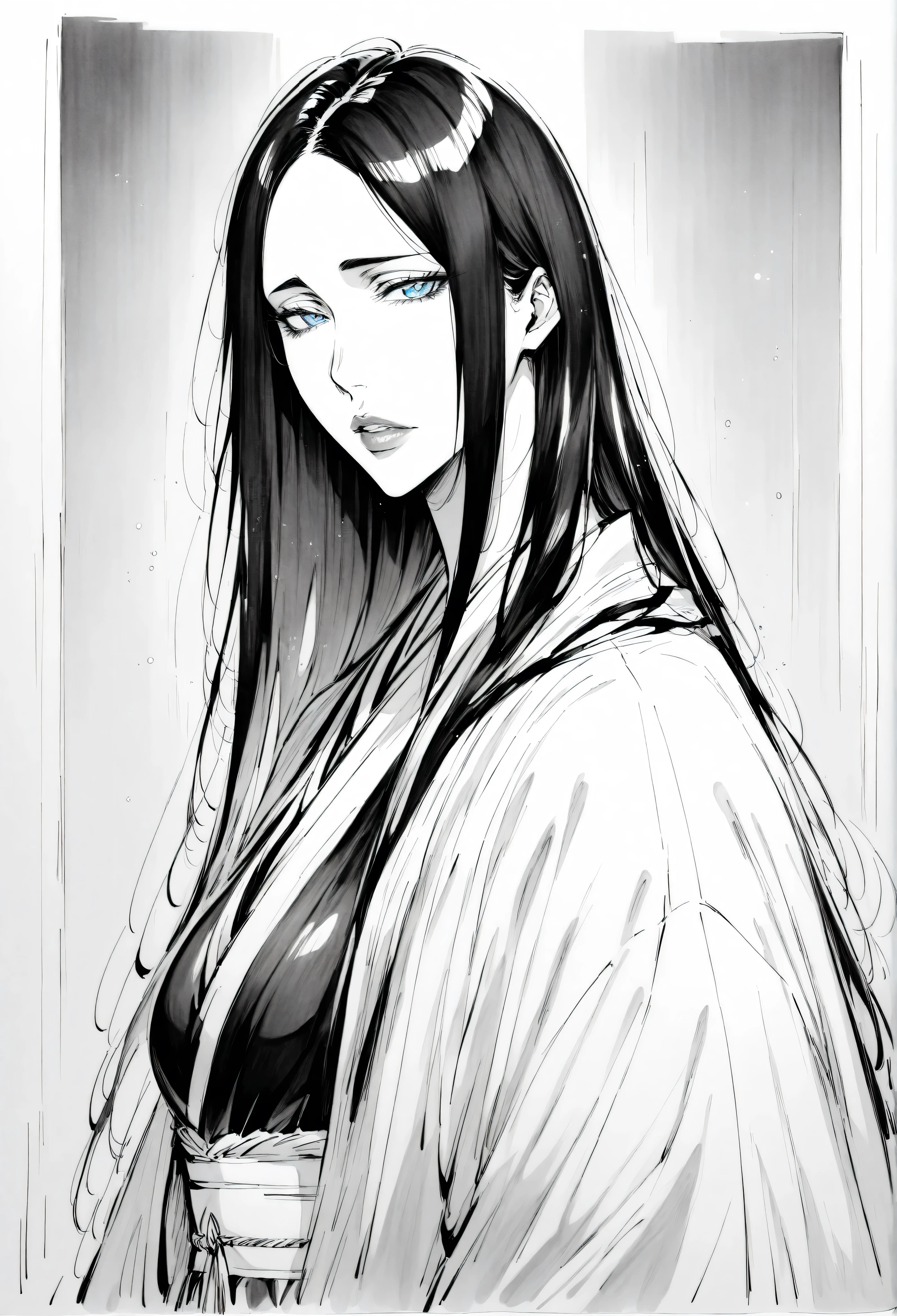 (masterpiece), (best quality), (ultra-detailed),
1girl, solo, light particle, particle, shadow, unohana_tybw, bleach, detailed lips , detailed pupils, monochrome, greyscale, traditional media, sketch, detailed lines, sketch, manga style , pencil sketch style, soft shading, soft delicate features, upper body only, half body, unohana_tybw, blue eyes, black hair, very long hair, straight hair, forehead, black kimono, haori, long sleeves, wide sleeves, expressionless, narrowed eyes, side view, looking at viewer