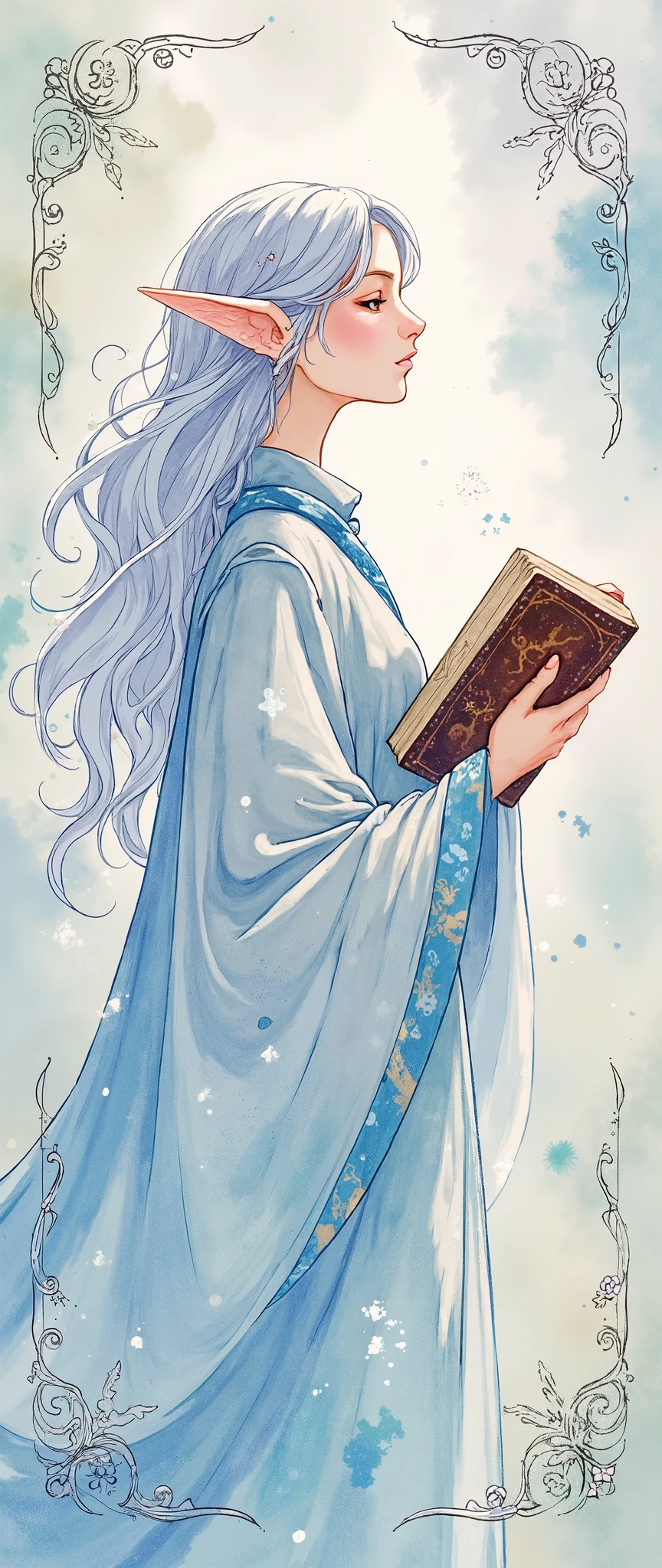 ( masterpiece:1.2),( top quality),( very detailed),( best illustration),8k,16k,wallpaper,(fantasy elf),(watercolor),(woman),(womanエルフ),( Silver Hair),( the wizard),(美しい the wizardのローブ),(Magic book), Beautiful Gradients, art nouveau style frame
