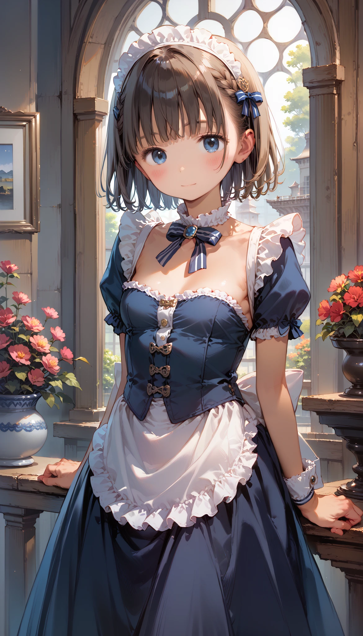 1 girl, Young、 portrait photography, Small boat Mio、 tanned skin、 shortcuts、 blue eyes、 high athletic ability, revealing maid clothes,Open chest、 classic modern maid skirt, Western-style mansion , volumetric lighting, top quality, Artwork, , tone mapping , sharp concentration, smile、peaceful 、 hyperdetail, Artstation trend , by Nomi,