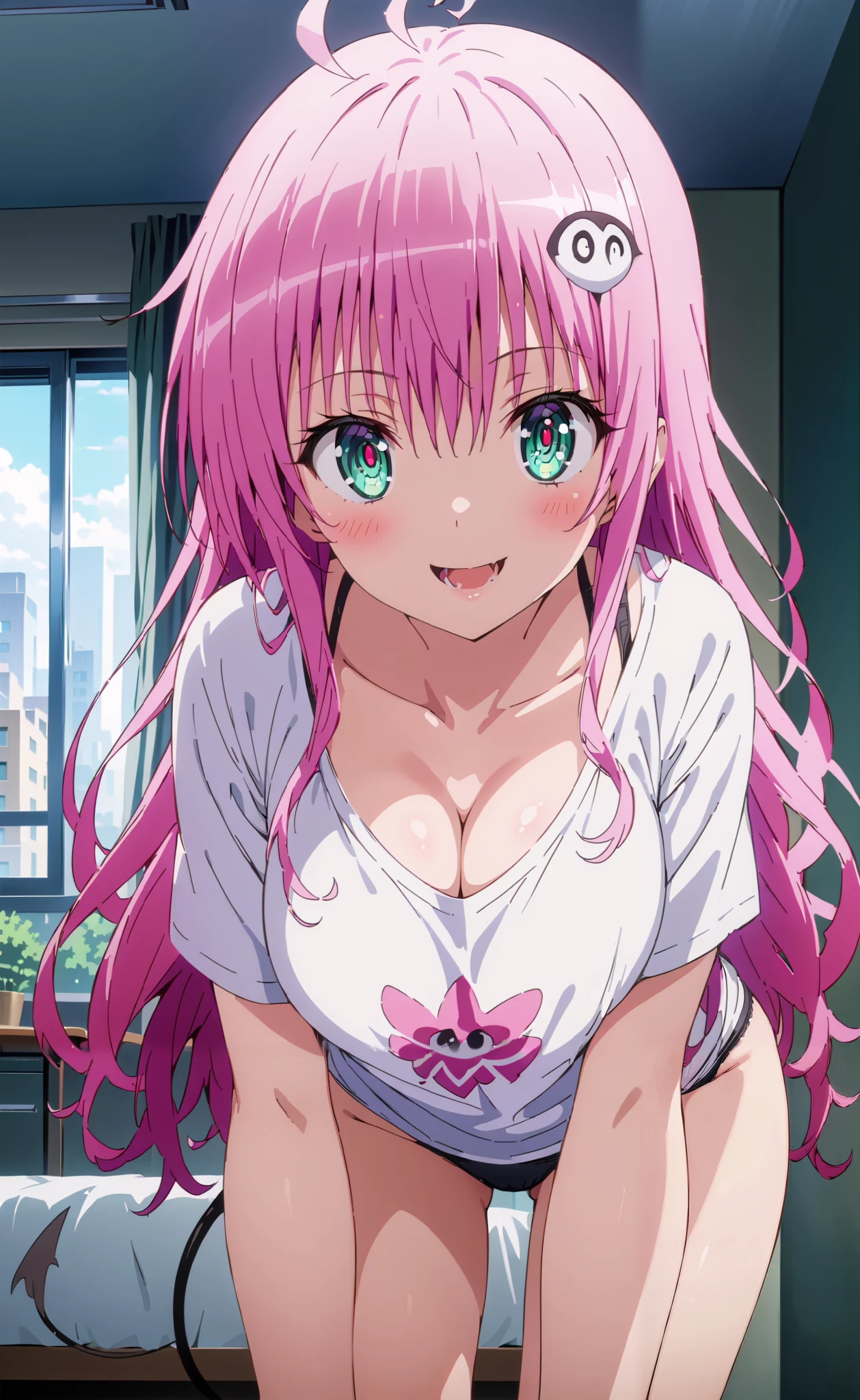  Lala Deviluk,  Lala Devilke ,  long hair,  pink hair, Tail, stupid hair, bangs,  GREEN EYES,smile,blush, open your mouth,Big Breasts, cleavage, down blouse, loose t-shirt ,Black string underwear ,Bare legs, are standing on all fours on the bed, Interior , beautiful scenery,whole bodyが illustrationsに入るように,                               break indoors,bedroom,
break looking at viewer,whole body,
break ( Masterpiece:1.2),  top quality,  Hi-Res,  Unity 8k Wallpaper, ( illustrations:0.8), ( beautiful detailed eyes:1.6),  Highly Detailed Face,   perfect lighting , Extremely detailed CG, ( perfect hand,  perfect anatomy),