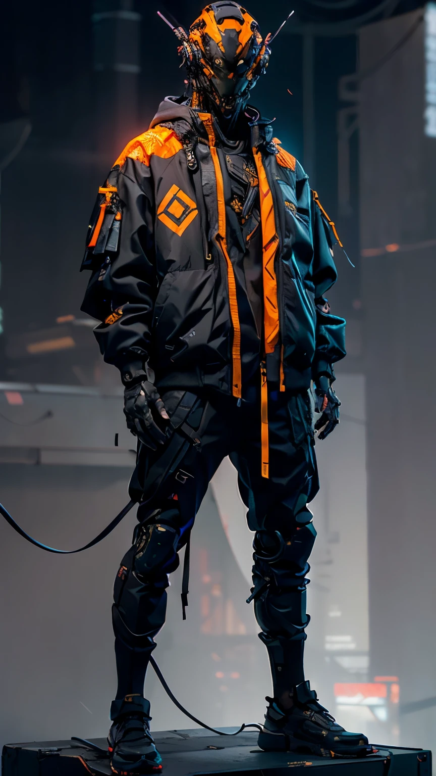 Concept art, {prompt}, inspired by Otomo Katsuhiro, trending on cgsociety, Afrofuturism, Cyber Japan style armor, cyberpunk suit, cyberpunk clothes. A futuristic humanoid figure stands facing forward against a light gray backdrop, clothed in sleek cyberpunk apparel. The outfit features a black, oversized jacket with orange accents and various straps. The figure's head is a shiny, helmet-like structure with glowing orange elements and angular design. The pants are loose-fitting and end in black shoes. Text on the sides includes PROTOTYPE 2, 8.6.19, and CYBERPUNK PROJECT, highlighting the design concept. Blank background