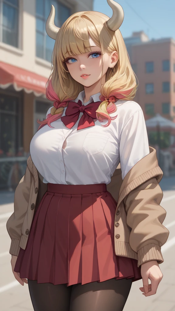 (High quality, High resolution, Fine details), Main Street, Ruffle Blouse, White pants, solo, curvy adult women, blond hair, sparkling eyes, (Detailed eyes:1.2), smile, blush, Sweat, Oily skin, Natural makeup, Accessories, Soft tones, shallow depth of field