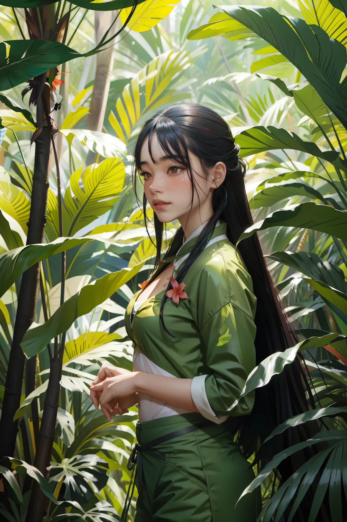 1girl standing in a jungle with plants, artwork in the style of guweiz, inspired by Yanjun Cheng, in a tropical forest, by Yang J, in the art style of bowater, 🌺 cgsociety, loish and ross tran, in a jungle, by Ni Tian, by Ryan Yee, loish and wlop