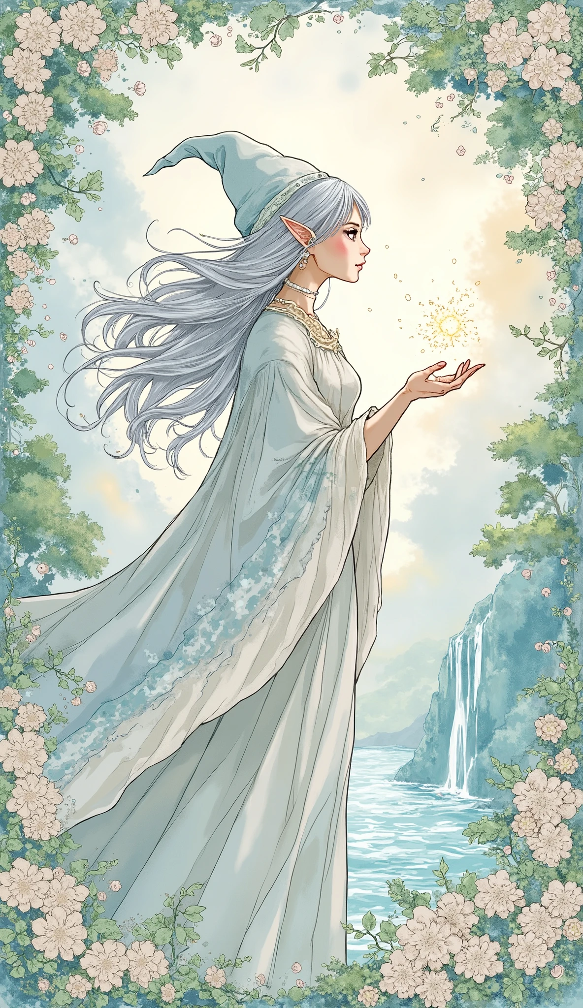 ( masterpiece:1.2),( top quality),( very detailed),( best illustration),8k,16k,wallpaper,(fantasy elf),(watercolor),(woman),(womanエルフ),( Silver Hair),( the wizard),(美しい the wizardのローブ),( magic wand ),  Beautiful Gradients, art nouveau style frame