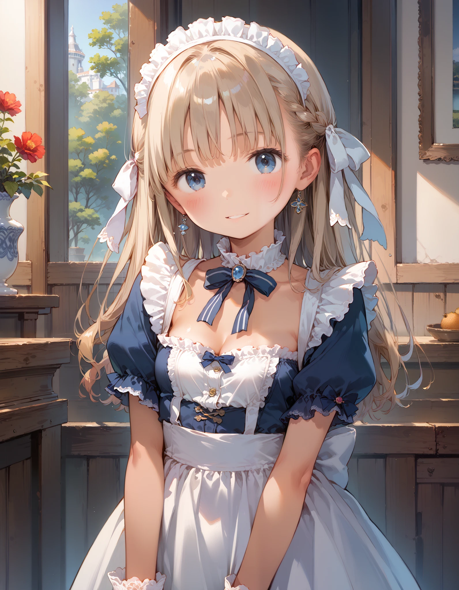 1 girl, Young、 portrait photography, Small boat Mio、 tanned skin、 shortcuts、 blue eyes、 high athletic ability, revealing maid clothes,Open chest、 classic modern maid skirt, Western-style mansion , volumetric lighting, top quality, Artwork, , tone mapping , sharp concentration, smile、peaceful 、 hyperdetail, Artstation trend , by Nomi,