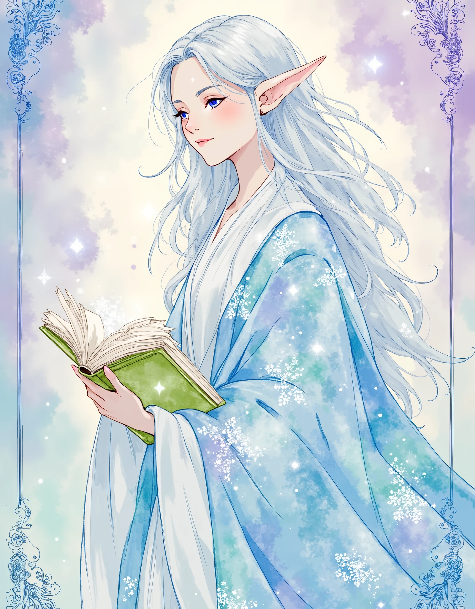 ( masterpiece:1.2),( top quality),( very detailed),( best illustration),8k,16k,wallpaper,(fantasy elf),(watercolor),(woman),(womanエルフ),( Silver Hair),( the wizard),(美しい the wizardのローブ),(Magic book),  Beautiful Gradients, art nouveau style frame