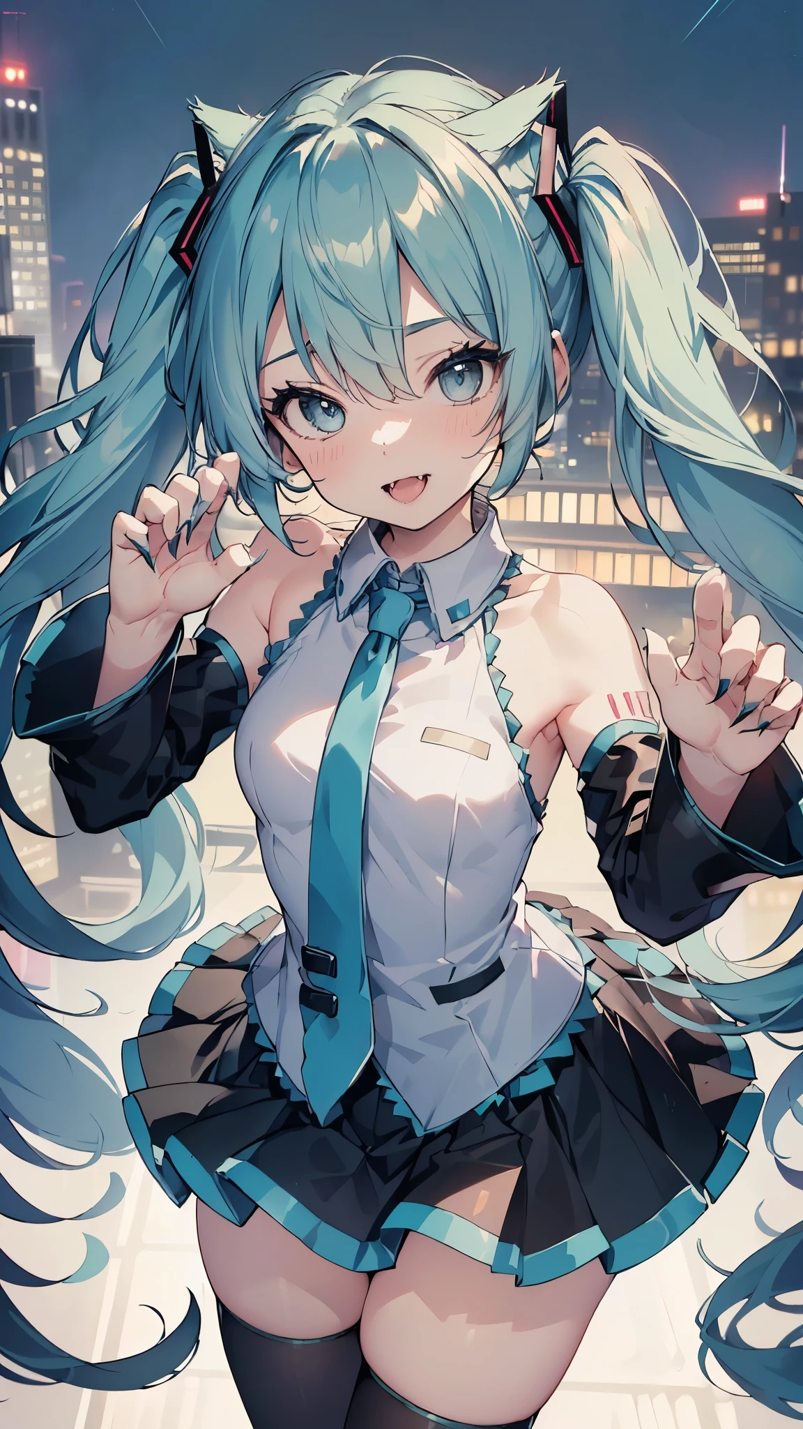 (Masterpiece,best composition,Best Quality,ultra-detail,Best Shadows,Perfect composition),(portrait:1.5),Hatsune Miku,((((very cute cat girl,Glamorous body,Perfect figure,light-blue twin-tails hair,Tilt head)))),shy smile,blushing,cute big eyes,The eyes are shining,(((lips wide open and bare huge Fangs))),hatsune miku uniform,very delicate details fashion,super detail and beautiful hand,beautiful slim legs,big tits,(((cat pose,attacking here with the small claws of both hands raised))),in the big city,(((at midnight,Beautiful skyscraper night view)))