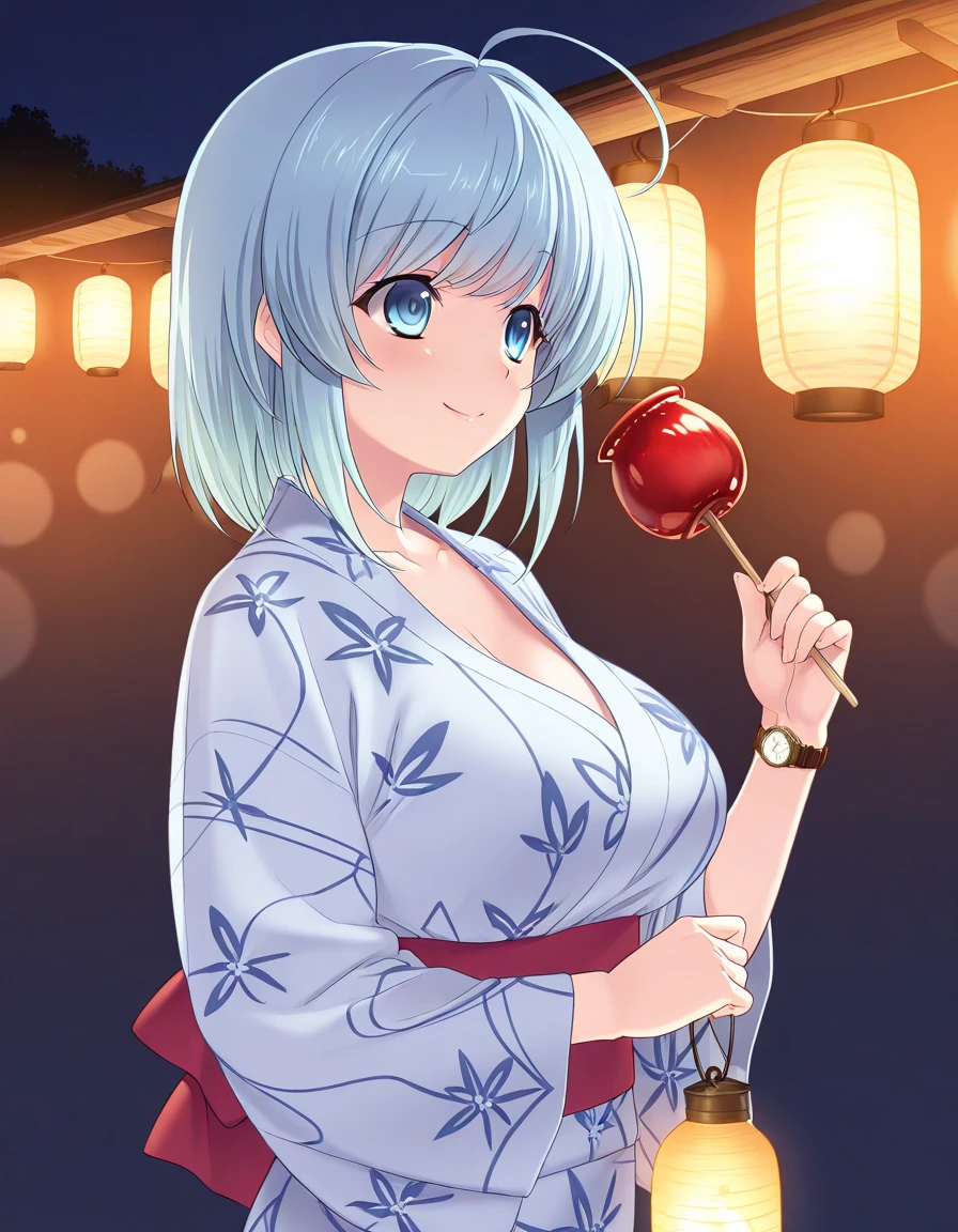 Black hair ponytail、Goldfish pattern yukata、Licking a candy apple、Light Blue Eyes、Big Breasts、Shrine stalls at night