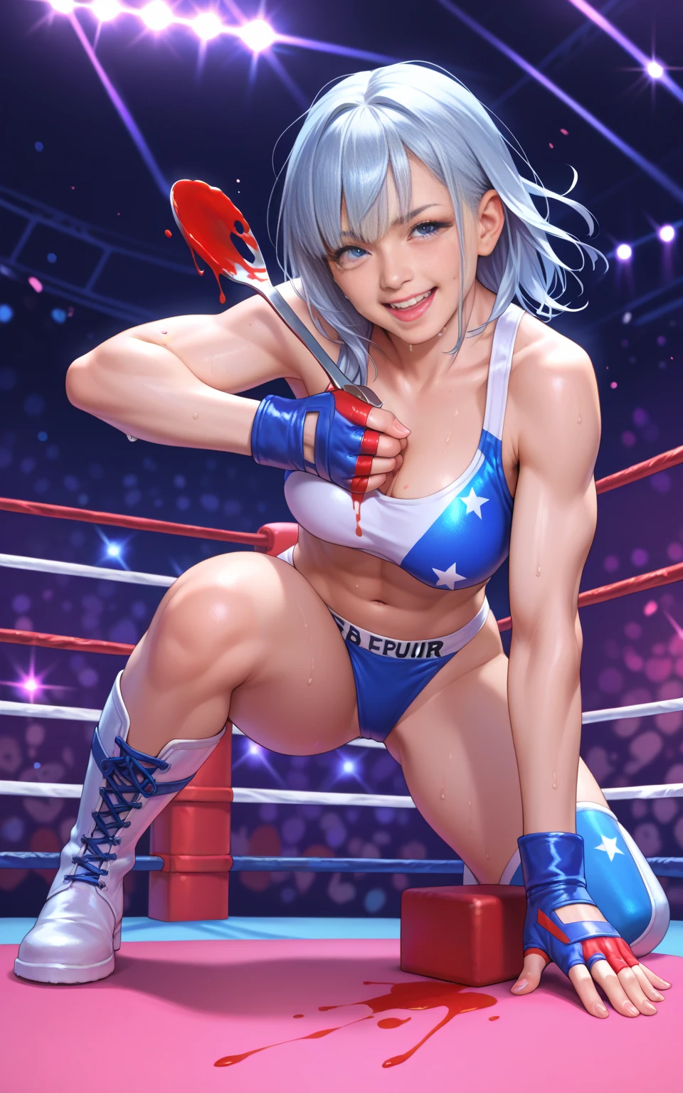 8K, Top Quality, Intricate Details, Ultra Detail, Ultra High Resolution, Masterpiece, close up shot, (full body: 1.1), (()), Slender, Smile, (Makeup: 0.4), ), (Fluffy Eyes: 1.21), (((( straight punch, boxing , punching )))), 1girl, solo, 1 girl, ((blue hair, very short hair, bangs,, , blue eyes,)), close up shot, , ((tall)), (((fit body))), (((slim face))), sharp face, ((naked))  (detailed face), sharp face, small lips, (( spread legs)),
 ((,  )), , ((,)), detailed face, detailed breast, , ((large breast, huge breast)), detail ass, Narrow Waist, Skinny, slim tall , 195 cm tall, Muscular, Navel, Exposed Abdomen, Pointed Chest,, Beautiful girl with accentuated slender abs: 1.4, Six Pack Abs: 1.4, Bust Botox, Big, Perfect Body, detail leg, (( dark background)), black background,