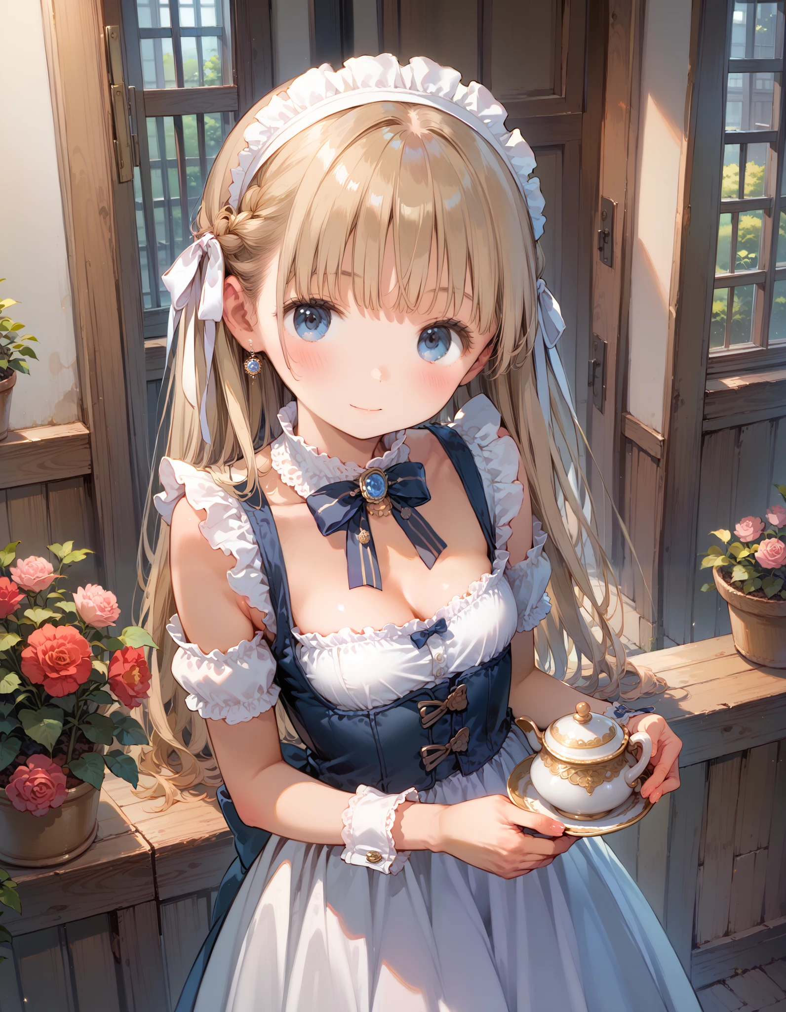 1 girl, Young、 portrait photography, Small boat Mio、 tanned skin、 shortcuts、 blue eyes、 high athletic ability, revealing maid clothes ,Open chest、 classic modern maid skirt, afternoon tea、Have a teapot、 Western-style courtyard ,Rose Garden、 volumetric lighting, top quality, Artwork, , tone mapping , sharp concentration, smile、peaceful 、 hyperdetail, Artstation trend , by Nomi,