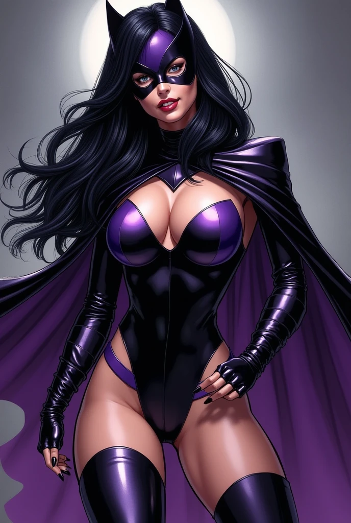 (sfw)The powerful superheroine Purple Diamond takes flight in the turbulent skies of New York, Beautiful young woman with black hair, atraente e sedutora, but ruthless against his enemies, art direction John Buscema