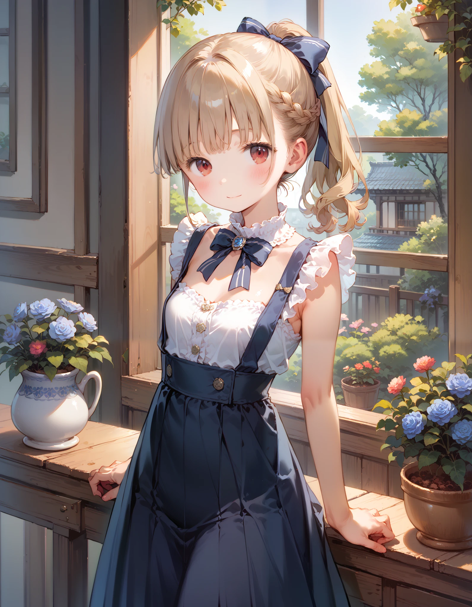 1 girl, Young、 portrait photography, 、 shiny skin around、 ponytail、 red eyes、 high athletic ability, revealing maid clothes,Open chest、 short skirt、 classic modern maid skirt, afternoon tea、Have a teapot、 Western-style courtyard ,Blue Rose Garden、 volumetric lighting, top quality, Artwork, , tone mapping , sharp concentration, smile、peaceful 、 hyperdetail, Artstation trend , by Nomi,