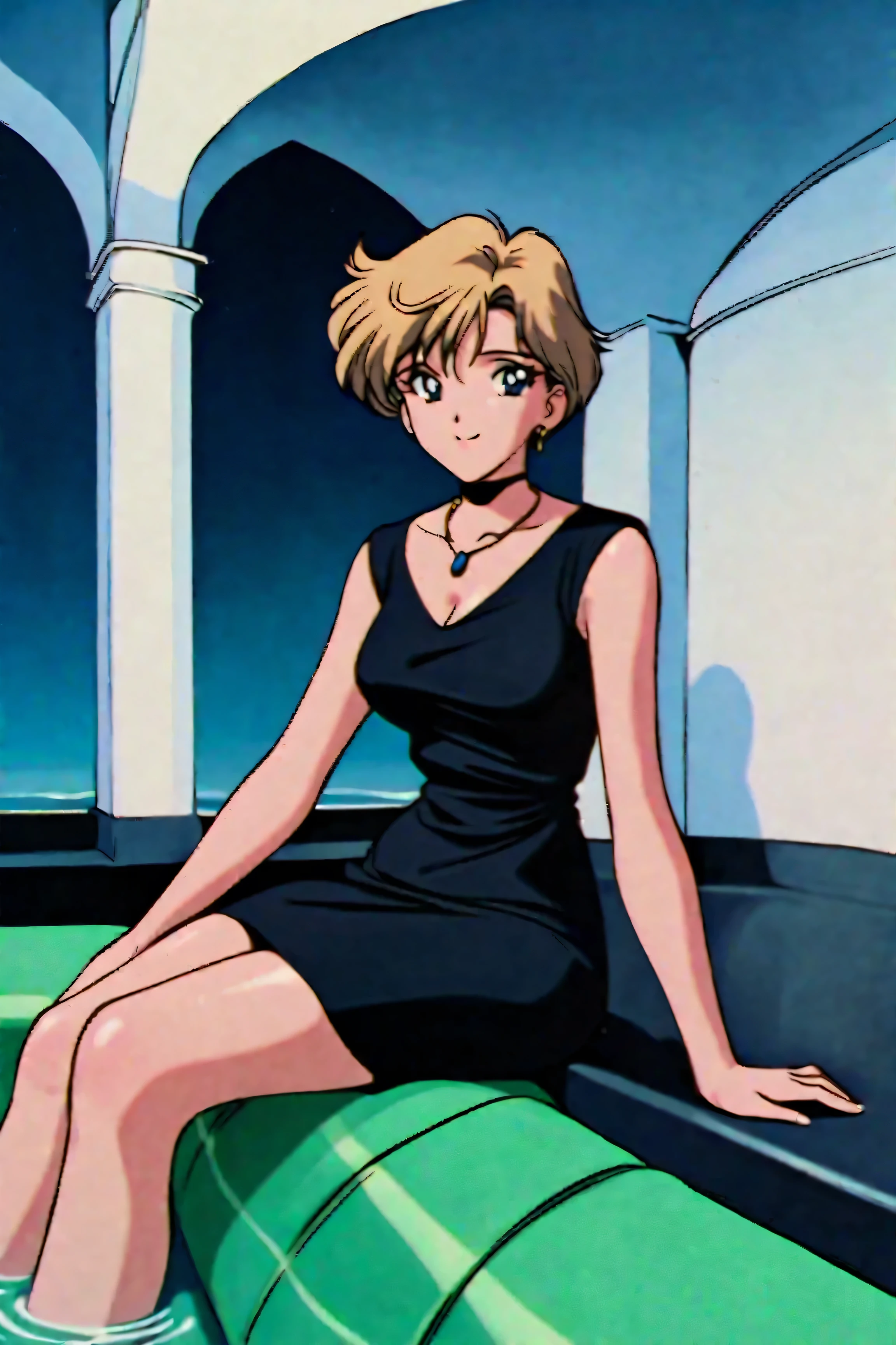 Masterpiece, best quality , very aesthetic, ridiculous ,1990s \( style\), 1 girl sitting underwater,Alone, sailor uranus XL, blue eyes, short hair while on a business trip, very short hair while on a business trip,Blonde, wanpieece, black dress, made of silk , castle, outdoor , necklace, earrings, smile,