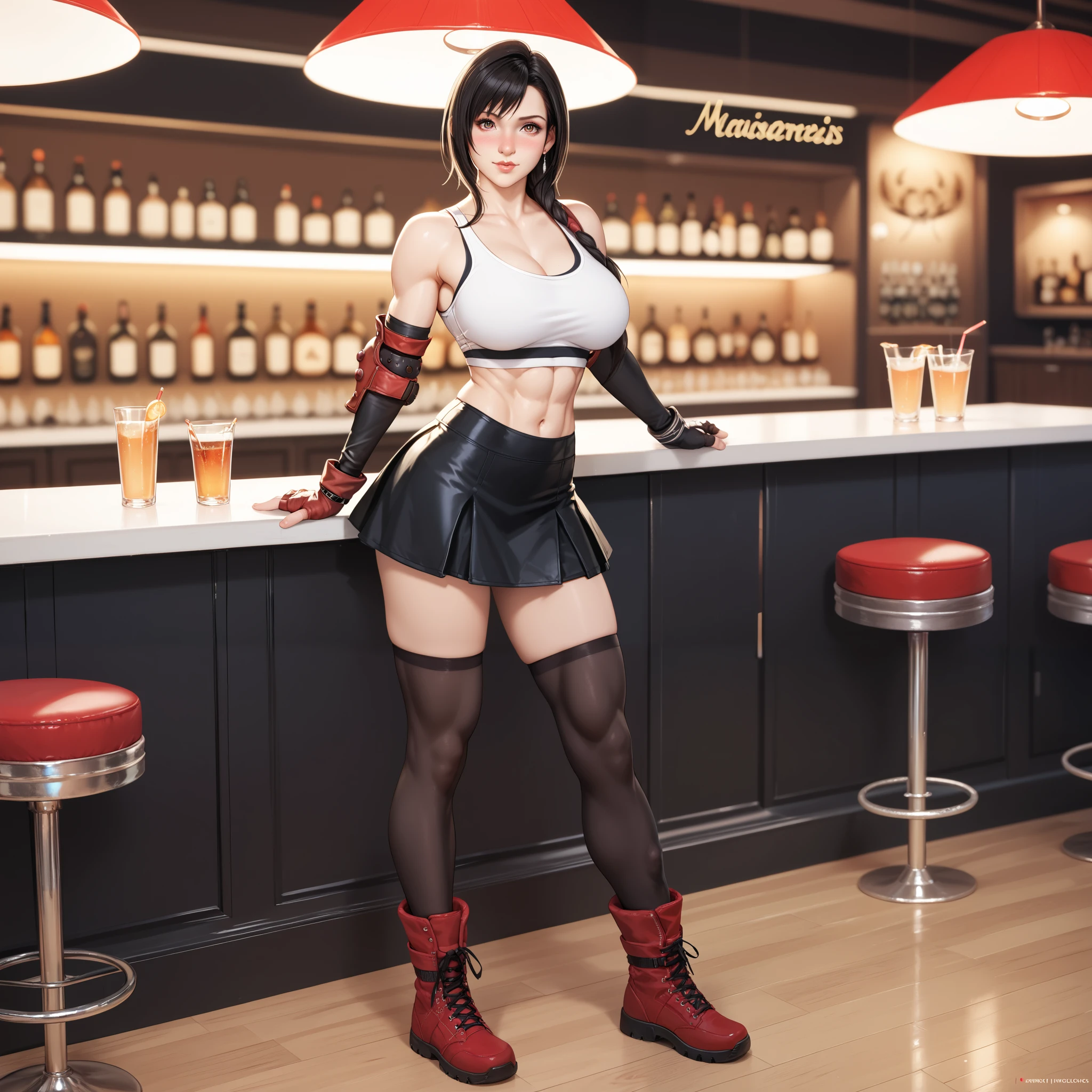 Final Fantasy VII, (nose blush), single elbow pad, ankle boots, black hair, black skirt, black thighhighs, red boots, elbow gloves, elbow pads, fingerless gloves, taut shirt, sports bra, (suspender black skirt), thighhighs, white tank top, top body is hyperrealistic thicc muscle and hyper largest_breasts!! with the type of boobs_melons, black hair, full body, look at viewer, posing standing in bar, sensual mouth, makeup, bokeh, best quality, masterpiece, highres, UHD, 1080P
