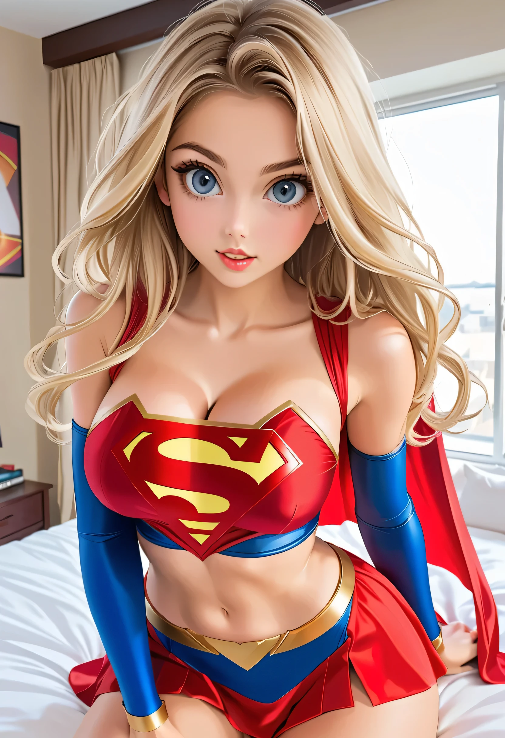 A cute woman(age 20, role of Super Girl, big bright eyes, long silky blonde hair, sexy outfit deep cleavage neckline and belly exposed) Striking a heroic pose, bedroom with open windo)