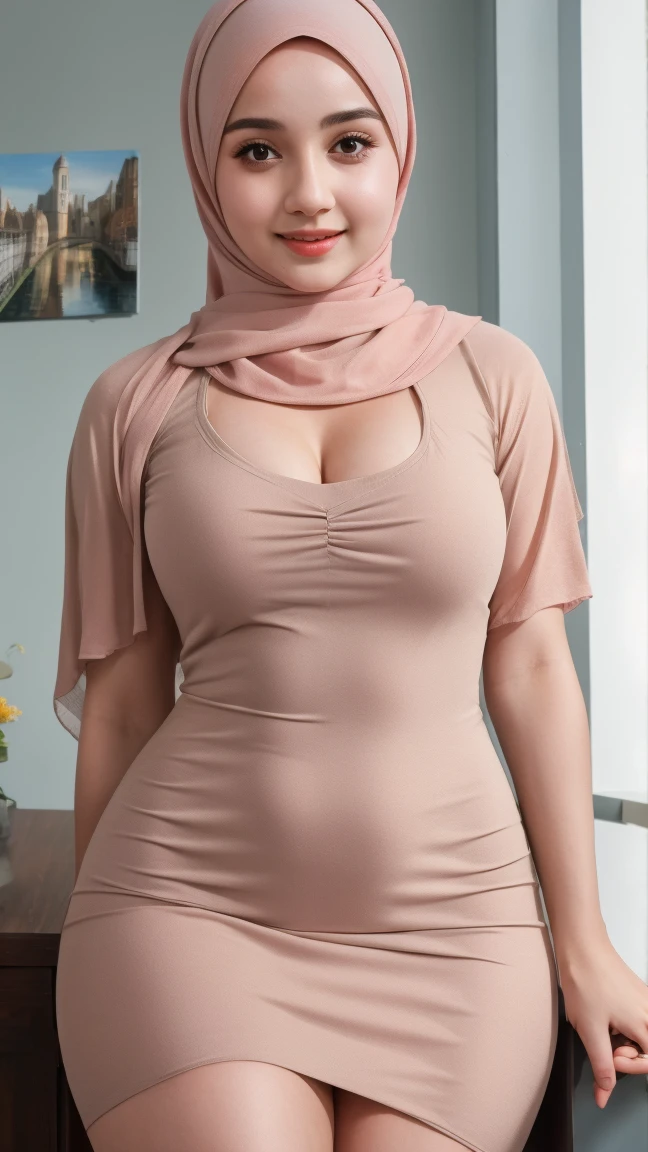 a beautiful young woman hijab, (((super big breast))), (very big breast covered), (Big breast), bare breast, perfect face, (((very huge big breast,))), ((( Big Breast))), wearing sleeveless long dress muslim, (((covering mouth, long veil))), Slim Face、25 years old, stil young, Pretty Lady, curvy shaped body, enormous hips, big ass, fat belly, armpit showing, holding her breast, cameltoe, fat vagina, smile eyes, standing, bedroom, (big breast covered), front view