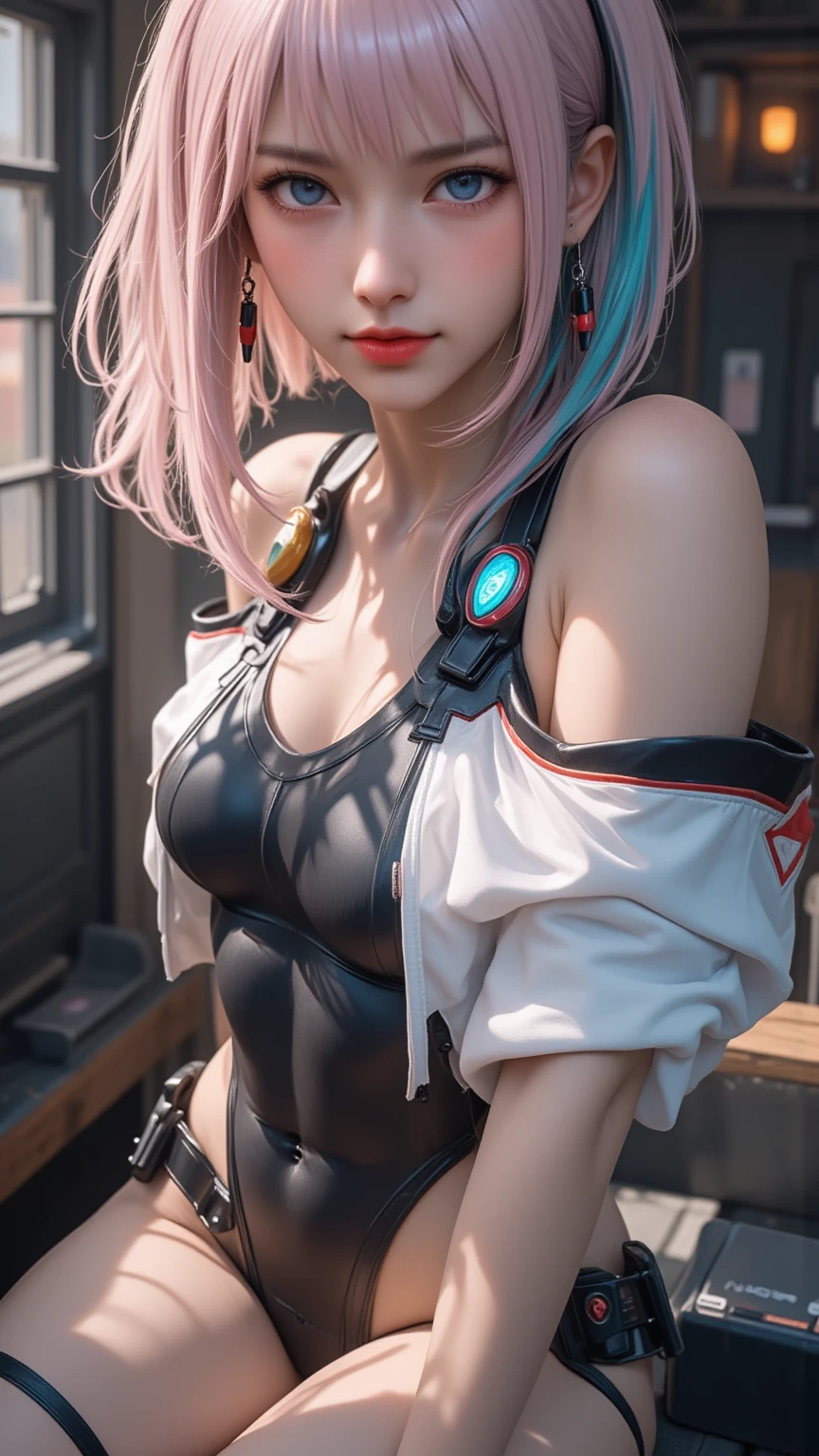 (​masterpiece、top-quality、hight resolution、Official art、Beautifully Aesthetic:1.2)、(8K:1.4)、(1girl in)、ighly detailed:1.4、Best Quality、。.。.3D、(Photorealsitic:1.4)、Realistic、colourfull、highestdetailed、face perfect、(a pixie cut)、(Pink hair:1.4)、The upper part of the body、nffsw、(doa:1.3)、(Cosplay:1.2)、intergalactic、(light streaks)、striking visuals、(Dynamic streaks、Bright trajectory:1.2)、vivd colour、