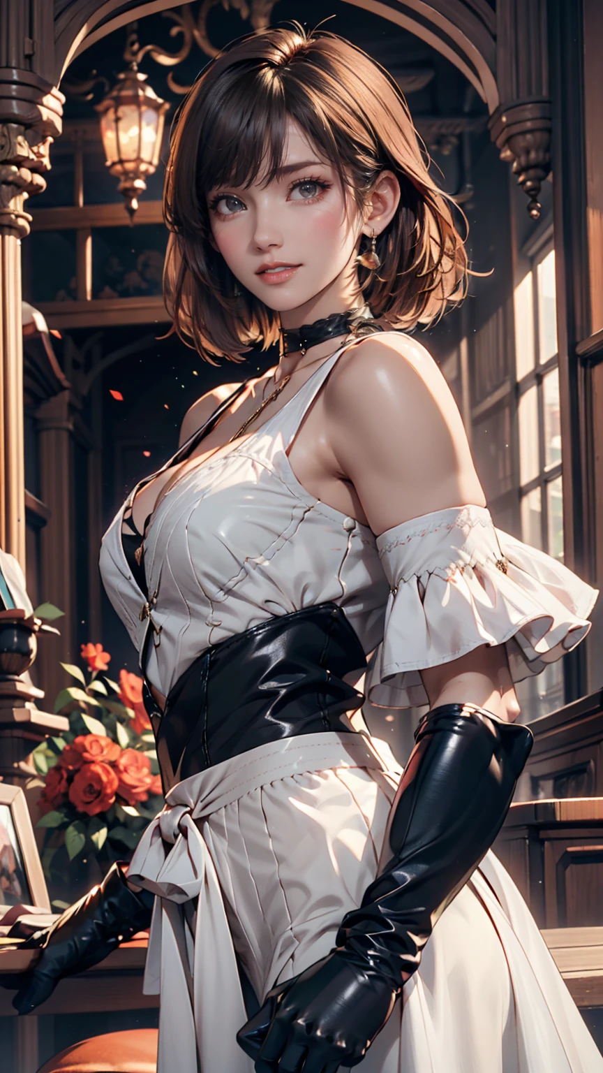 24 year old Caucasian female、Silver Hair、Pixie Cut、Lace choker、Lace tops、lace black skirt、Lace gloves、hair band((hair ribbon))、smile