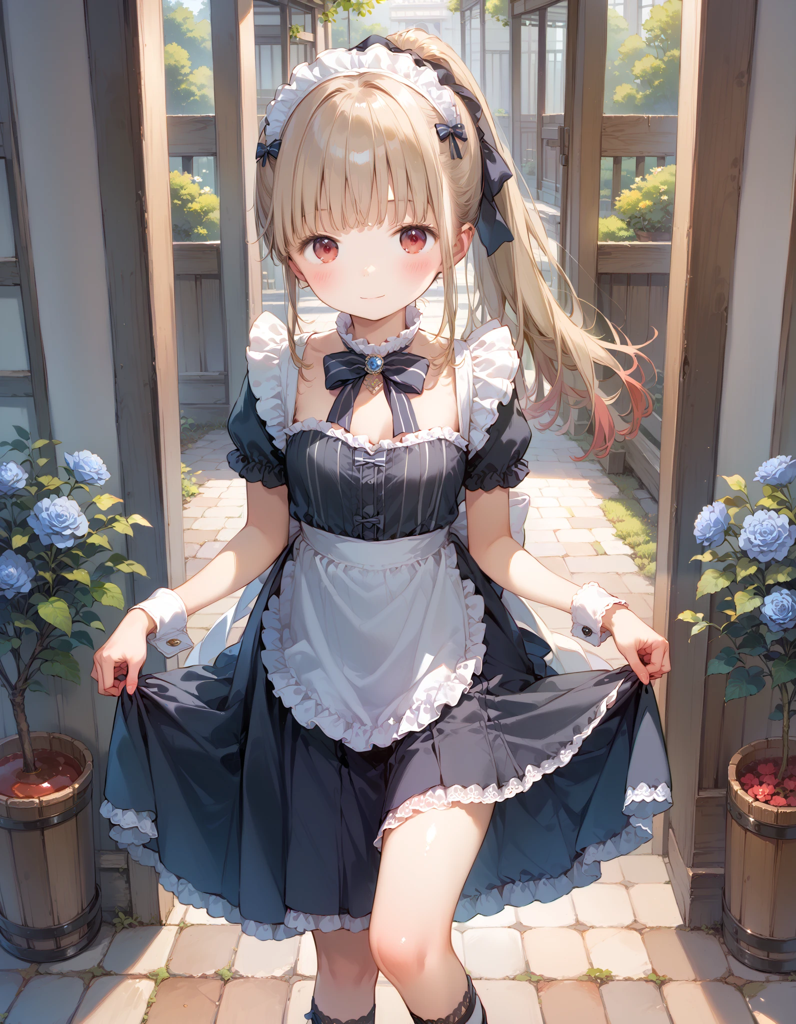 1 girl, Young、 portrait photography, 、 shiny skin around、 ponytail、 red eyes、Lower your eyes、 high athletic ability, revealing maid clothes ,Open chest、 Mini Ruffle Skirt、 dark gothic maid skirt, afternoon tea、 pinch up the skirt 、Courtesy、Standing with legs crossed、Red Knees 、 Black High Socks 、 Shoes with Bow、 Courtyard Hermitage ,Blue Rose Garden、 volumetric lighting, top quality, Artwork, , tone mapping , sharp concentration, smile、peaceful 、 hyperdetail, Artstation trend , by Nomi,