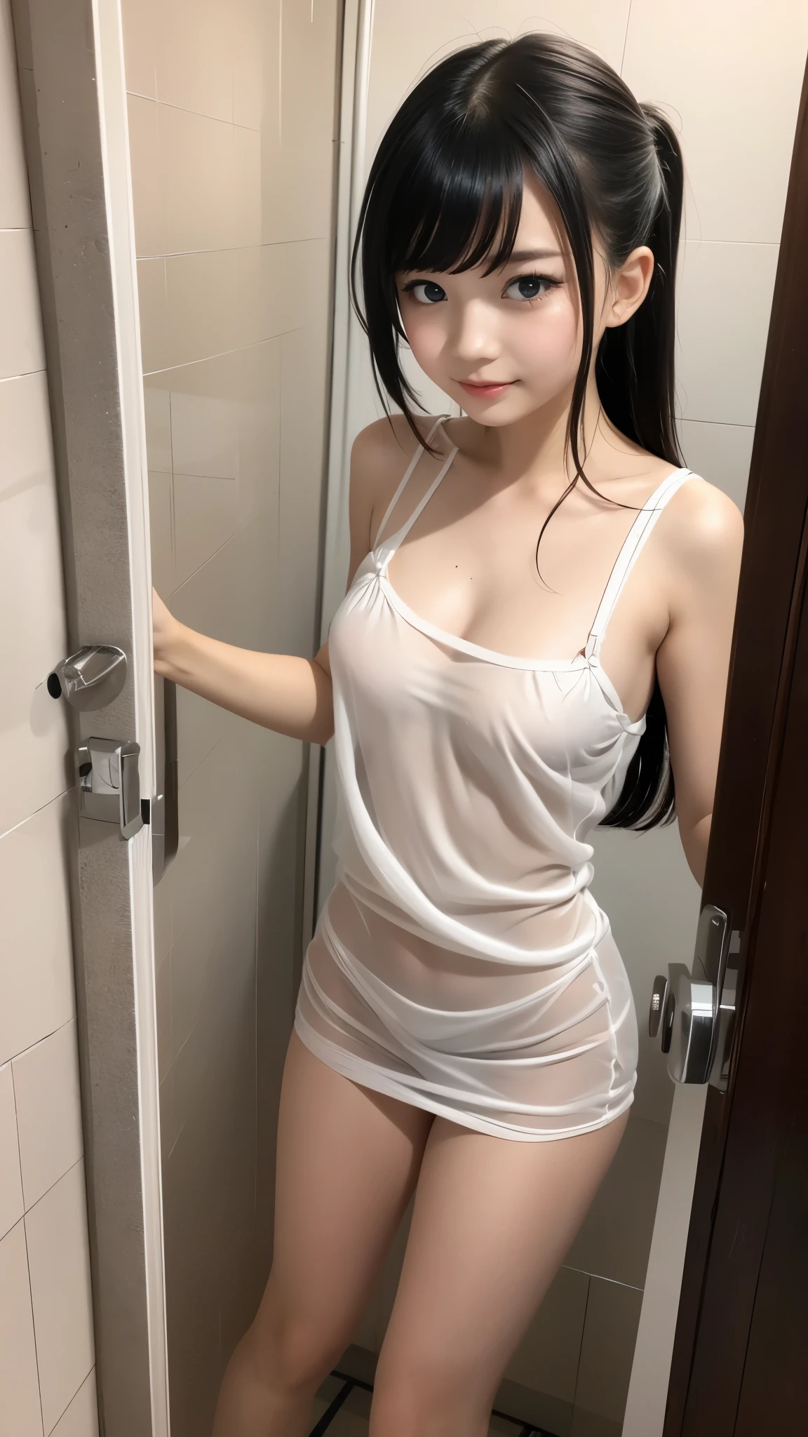 standing in the bathroom,bold pose,(((Wet in the shower))), Excited, necklace, earrings, full body, long black hair, (white camisole),wet and transparent nipples, That's excellent, ultra high resolution, Raw photo, realism: 1.25), (bright lip gloss, long eyelashes, smooth face , bright skin, natural shadow, wide light, wide light, Depth of the bounds written, strong color, subtle caustics: 0.8), smile, (big breasts), v6,flushed face,