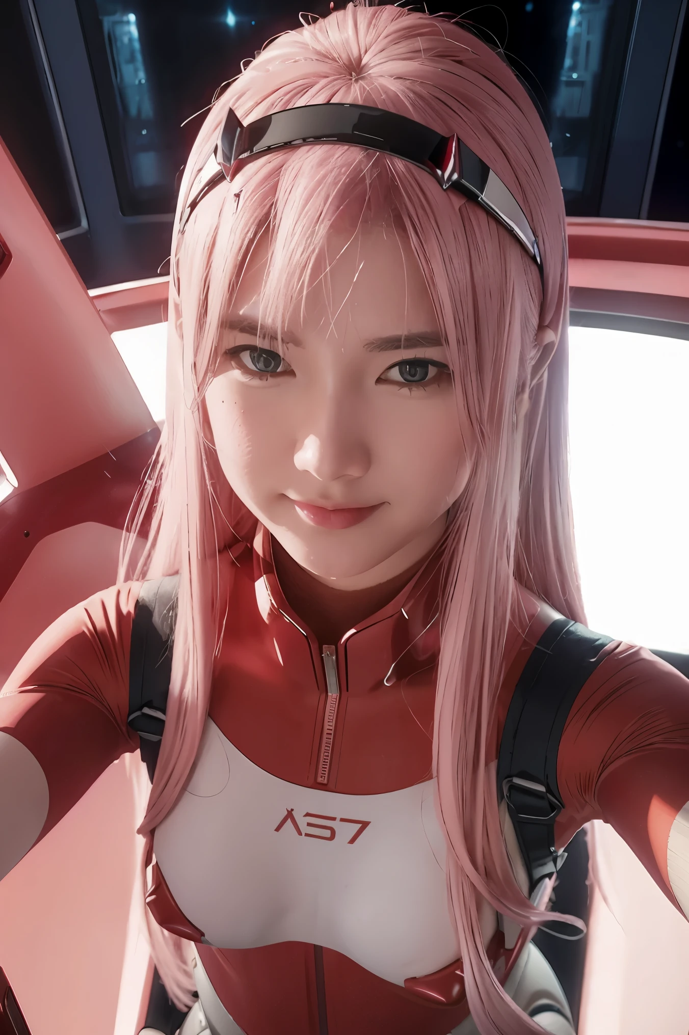 (Overhead view),dynamic angle,ultra-detailed, illustration, straight on, 1girl, ((Zero two, interface headband with a pair of horns, red bodysuit:1.4, pink hair)), Her eyes shone like dreamy stars,(glowing eyes:1.233),(beautiful and detailed eyes:1.1),(expressionless, closed mouth),(standing), (mechanic room with tools and spaceship window in a white SPACESHIP), (night:1.2), dreamy, [[delicate fingers and hands:0.55]::0.85],(detail fingers), smile, POV from below