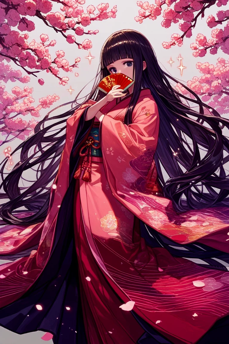 Hina dolls, ohinasama , 12 single, Jūnihitoe
,ceremonial robe of a Japanese court lady. ,luxurious kimono
, japanese clothes, shiny black hair,super long hair,straighthair, hime cut,
shiny black eyes,cute,beautiful,Japanese big folding fan, covering mouth,Peach
petals dancing in the wind, sparkle