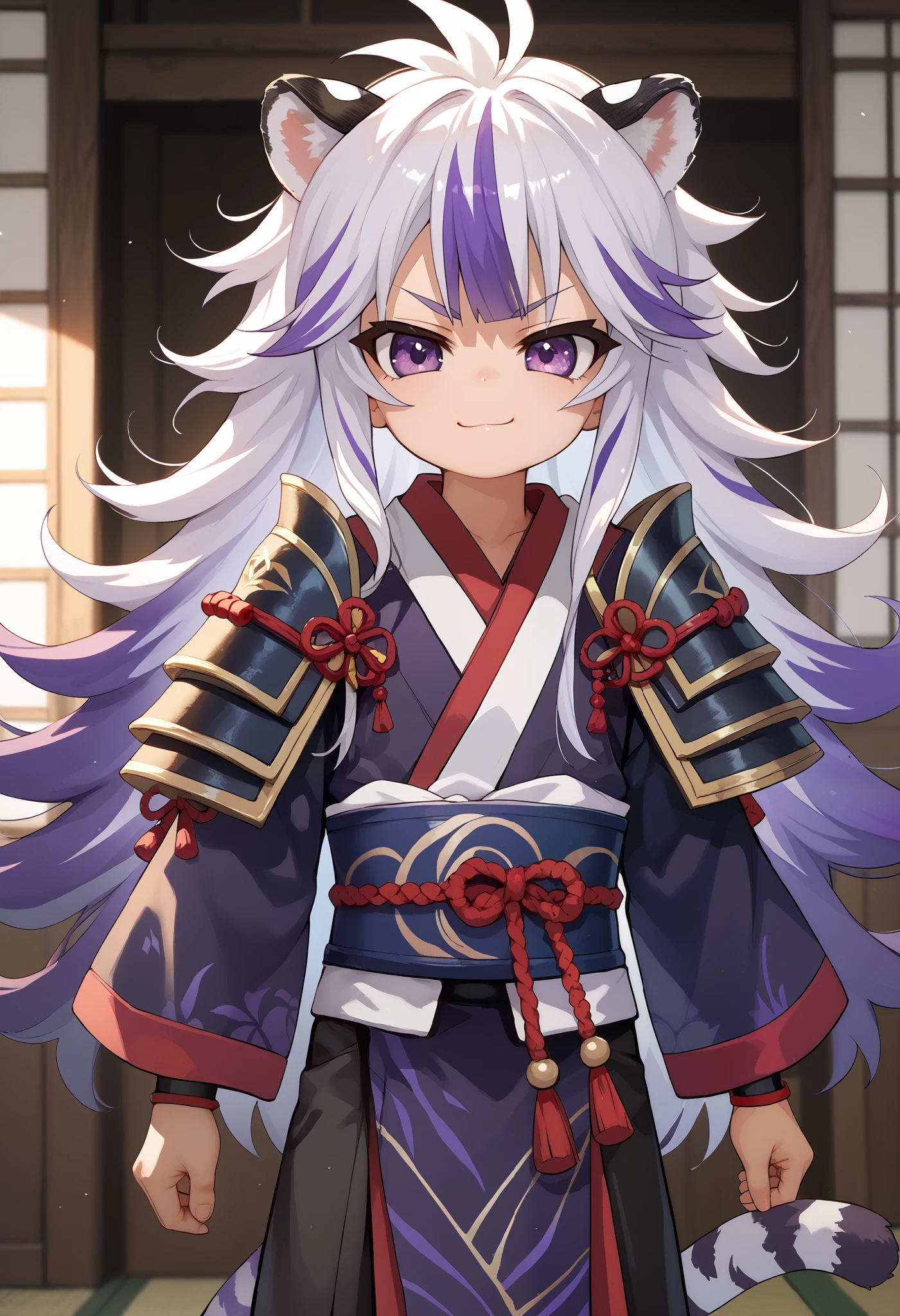 ((masterpiece)), anime lighting, 1boy, solo, long hair, white hair, purple hair, multicolored hair, purple eyes, cute, smirk, young, very young, white tiger ears, white tiger tail, front view, messy hair, samurai clothes, purple clothes, black clothes, multicolored clothes, shortstack, samurai armor, black armor.