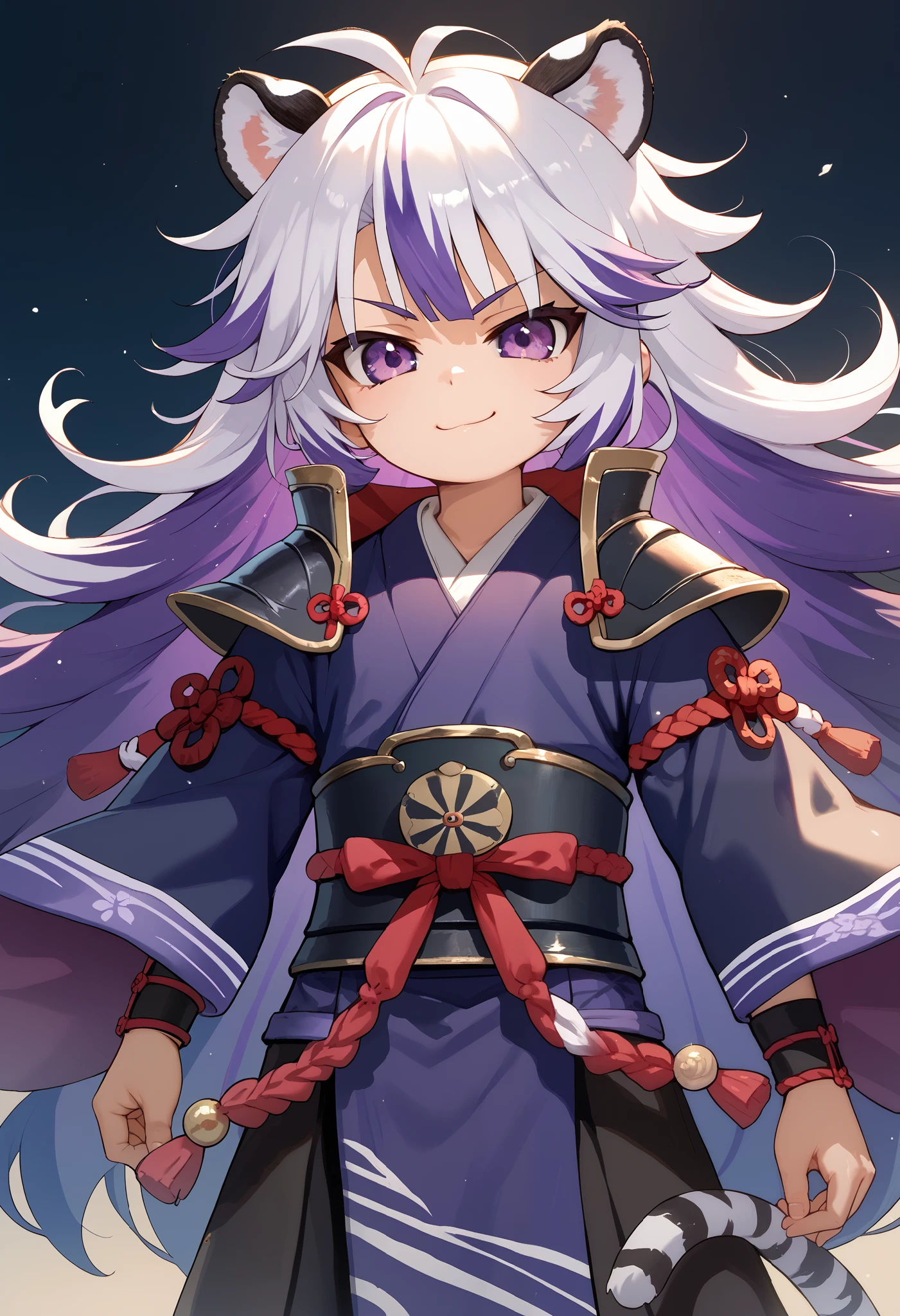 ((masterpiece)), anime lighting, 1boy, solo, long hair, white hair, purple hair, multicolored hair, purple eyes, cute, smirk, young, very young, white tiger ears, white tiger tail, front view, messy hair, samurai clothes, purple clothes, black clothes, multicolored clothes, shortstack, samurai armor, black armor.