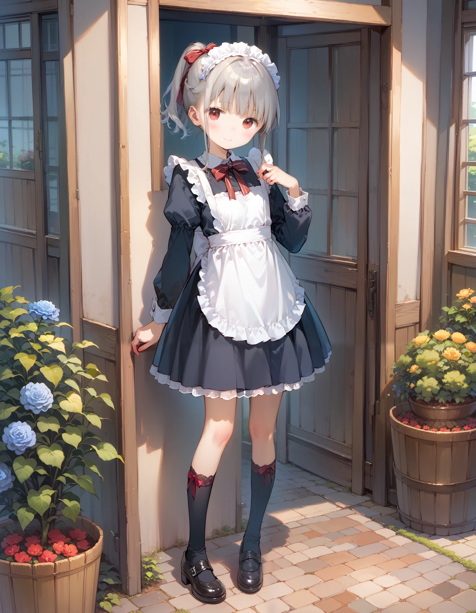 1 girl, young、 portrait photography, 、 from my mouth、 ponytail、 Red Eyes 、Lower your eyes、 High athletic ability , Exposing Maid Outfit , open、 Mini Ruffle Skirt 、 dark gothic maid skirt, afternoon tea、 Pinch Up Skirt 、courtesy、Standing with legs crossed、 red knee 、 Black High Socks and Femboy Skirt Adult Video Style、 Ribbon on shoes、 Courtyard Hideout , blue rose garden 、 volumetric lighting, top quality, artwork, , tone mapping , sharp concentration, smile、Peaceful 、 hyperdetail, ArtStation trend , By Mr. Nomi,