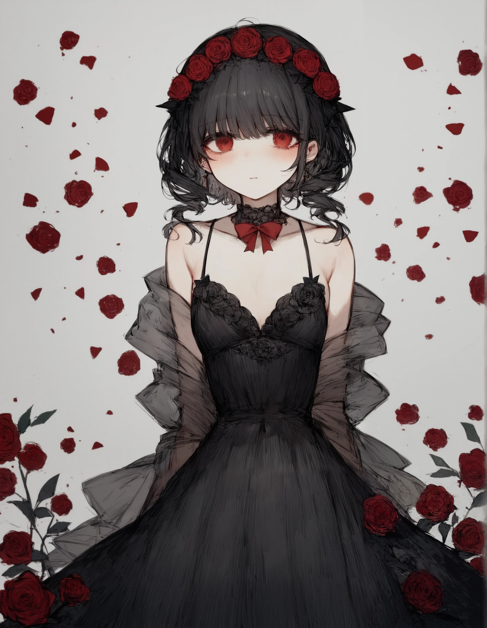 (masterpiece、premium quality、ultra detailed)、Reflected light、ultra-high definition、single focus、(1 girl)、black hair, (red eye) ,red rose, Red bow, black noble dress ,pale skin, mysterious, elegant, shy
