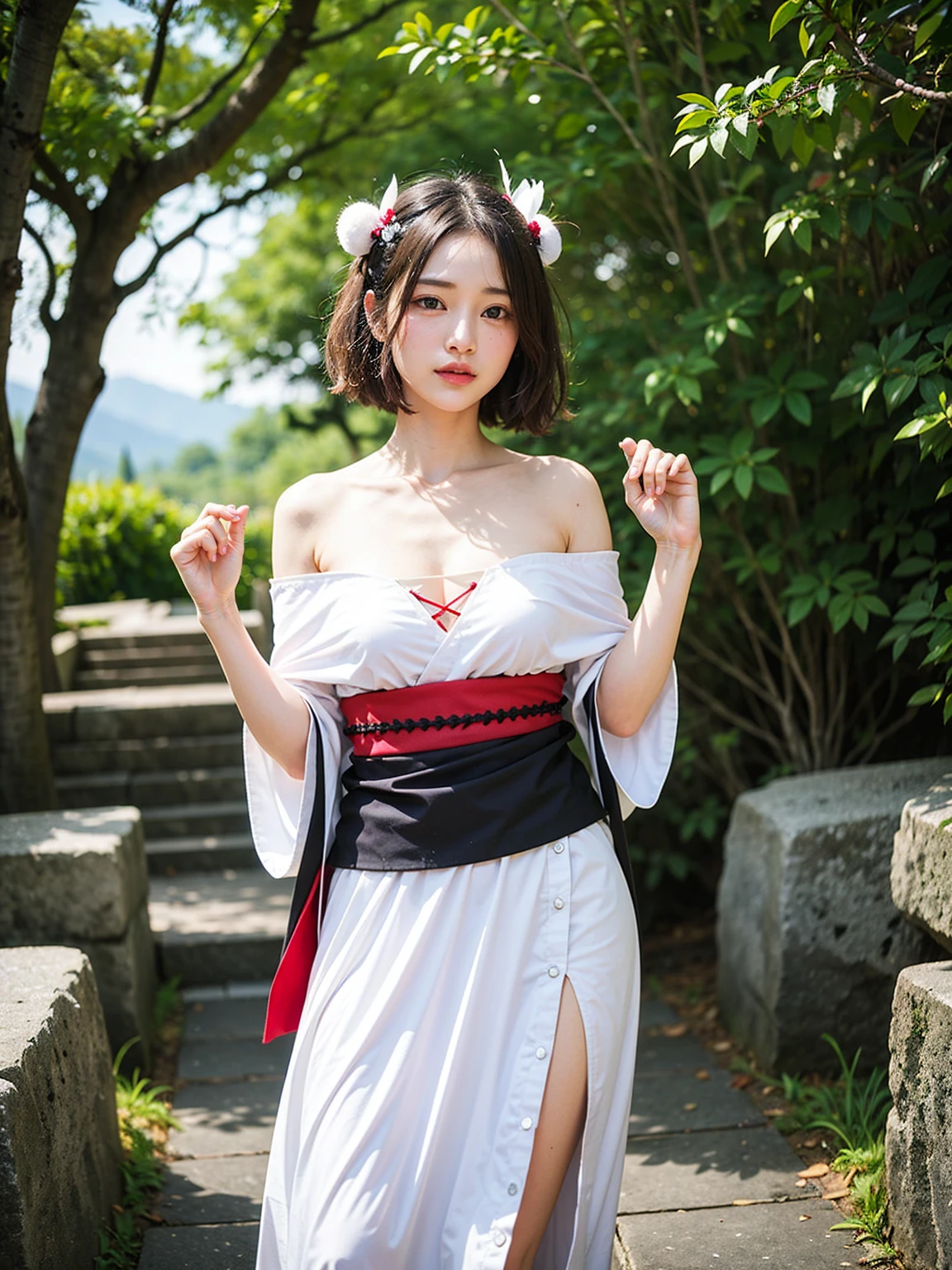 best quality,high quality,masterpiece,detailed,high resolution,realistic,1girl,16 years old,long black hair,looking at viewer,from below,full body, Japanese sword,samurai,kimono,hakama,