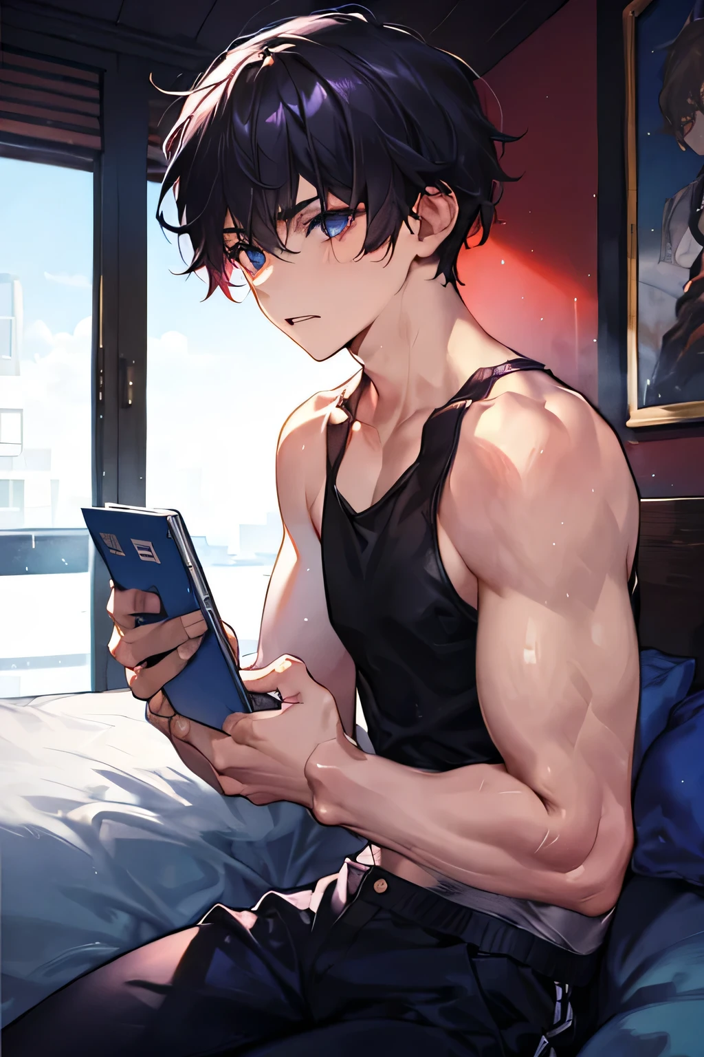 Masterpiece, top quality, one man,Short Hair, is cool, muscular, tank top, sit on the bed,nervous, pretty eyes, beautiful face,