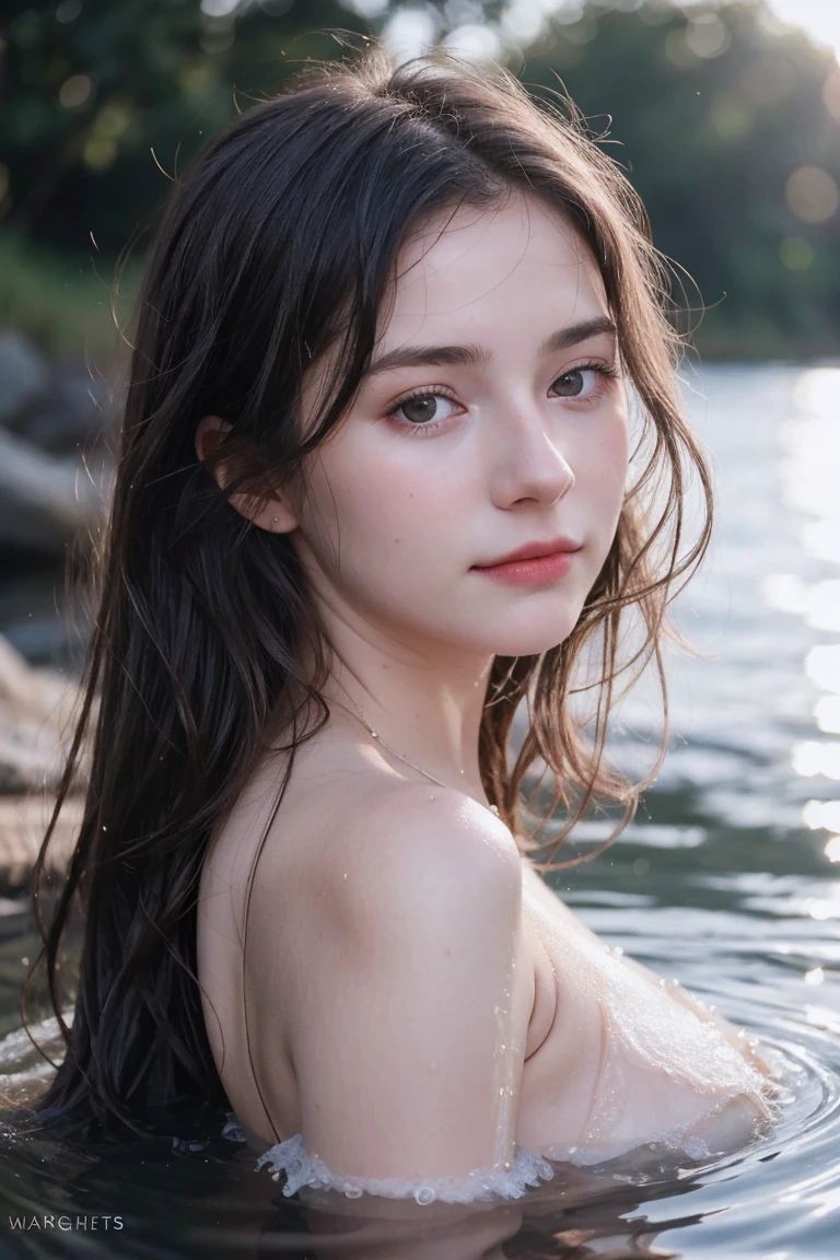 naked girl, young, low, Black hair, big breasts, neat nipples, collarbones, thin, open neck, The neck is long, (Head raised), (Incredibly beautiful face, Beautiful lips, Beautiful eyes, Grey eyes, bright makeup, fugitive body), complex facial detail, legs spread, (looking up), kneeling with mouth open in sea water, catches cum in mouth, Sharp Focus, full length photo
