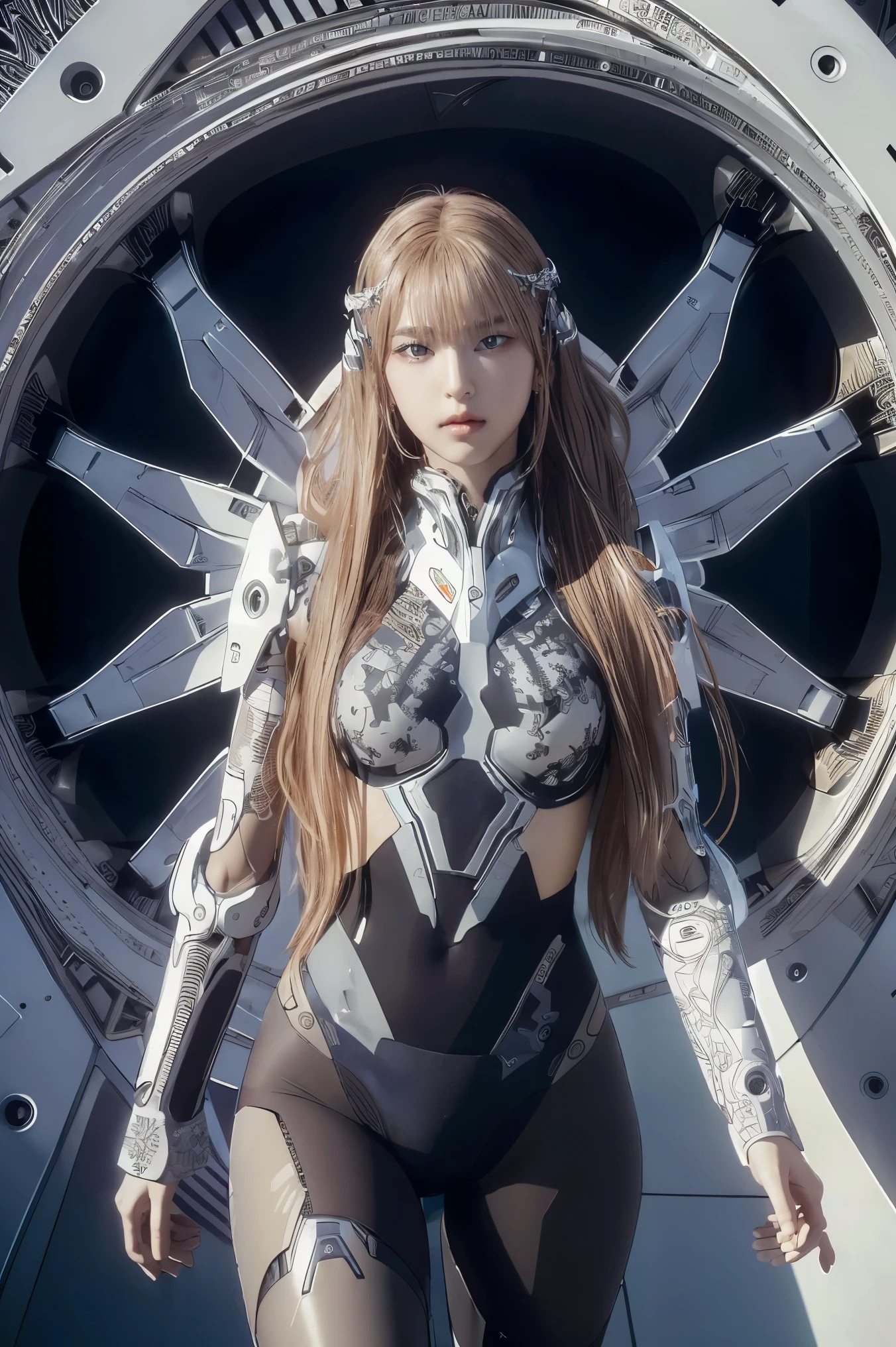 (masterpiece, top quality, best quality, official art, beautiful and aesthetic:1.2), (1girl), (fractal art:1.2),absurdres, highres, ultra detailed, Ultra-precise depiction, solo, (zentangle:1.2), floating hair, shiny skin, (abstract:1.2), pantyhose,looking at viewer, cyberpunk robot, complex robot, halo,