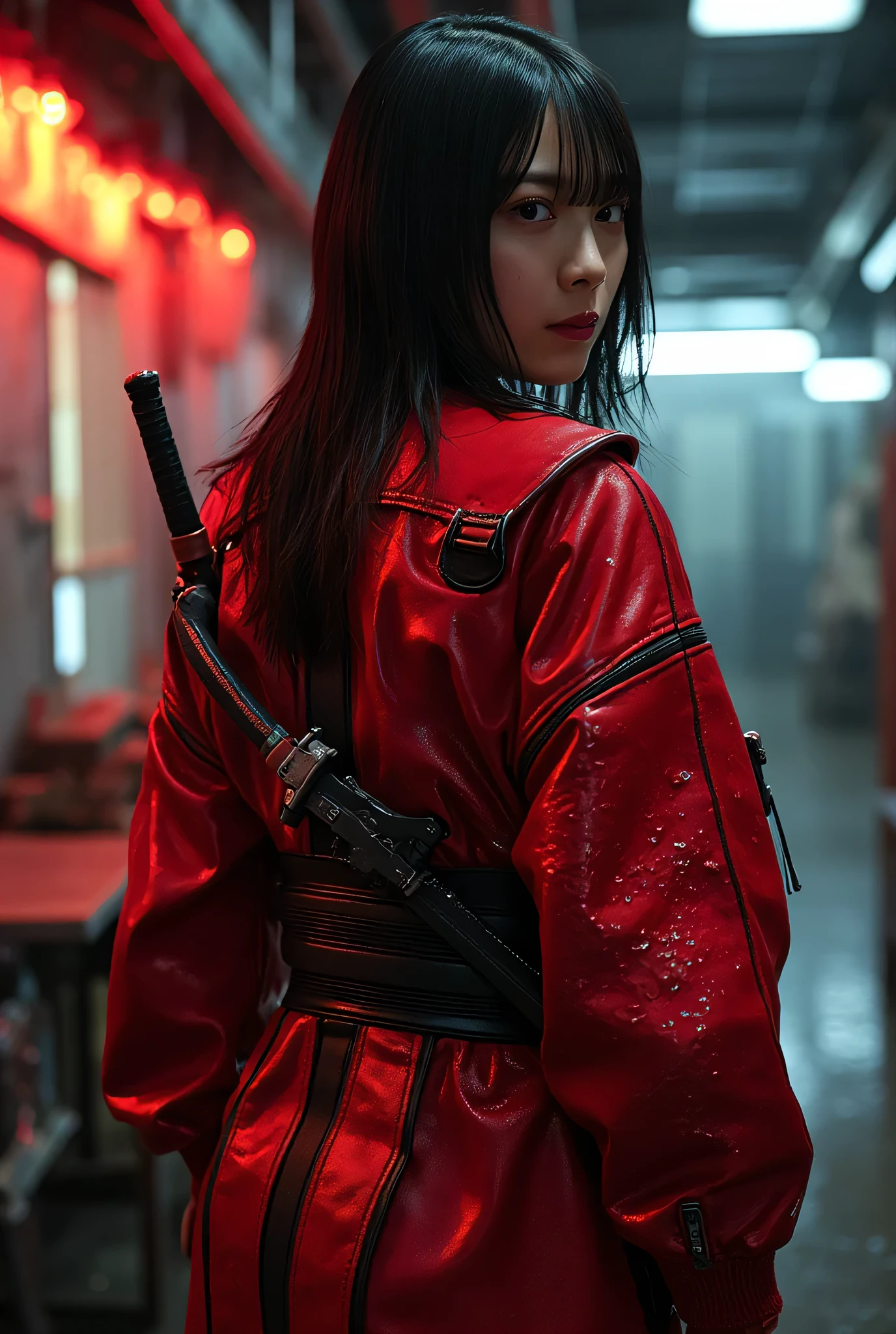 (((The dark interior of the Nostromo ship :2.0))),((( HR Gigger Style Cyberpunk Atmosphere :2.0))),(((Hold a cyberpunk-style Japanese sword:2.0))),Side view from the back ,Side pose,(( Look Back and Look at the Camera:2.0)),(( looking back over my shoulder :2.0)),Rear View,((whole body:2.0)), one woman,( cute face),(Beautiful well-balanced face ),(( natural big breasted :2.0)),( black hair:1.5),( beautiful eyes:1.3), glamorous shot of a 20 year old Japanese woman , Slender Beautiful Body ,(( model body type:2.0)),(( slim body with hot water:1.7)), perfect body line , ideal proportions ,( big breasts:1.5),Bare thighs, sensual thighs, delicate body,( Muscular:1.5),A harmonious posture,((Beautiful ass:2.0)),((cute ass:2.0)), ((((Bare ass :2.0)))),((( T-back :2.0))),(Realistic breast depiction :1.5), carefully depict limbs based on perfect anatomy,Filled with multicolored LEDs,((Futuristic samurai armor style red and black glowing super high-leg leotard :2.0,((, a camy-like shiny iron super high-leg leotard that fits the body :1.5)),(( red samurai coat style military coat with the front open over a leotard:1.5)),((Coat with iron decoration :2.0)),((Tactical Holster:1.5)),( gloves:1.3), Concept Art,( top quality:1.5),( Masterpiece:1.5),(超高resolution),resolution,UHD,( delicate depiction), carefully drawn with butterfly wings ,32K,(( realistic skin texture:1.5)),((( Super realistic :1.5))), eyelashes, Highly Detailed Face,Highly detailed female hand,Very sensual,(Blurry Dim Backgrounds :1.5), professional photography,( Movie Lighting:2.0),(( Blade Runner Style Lights :2.0))