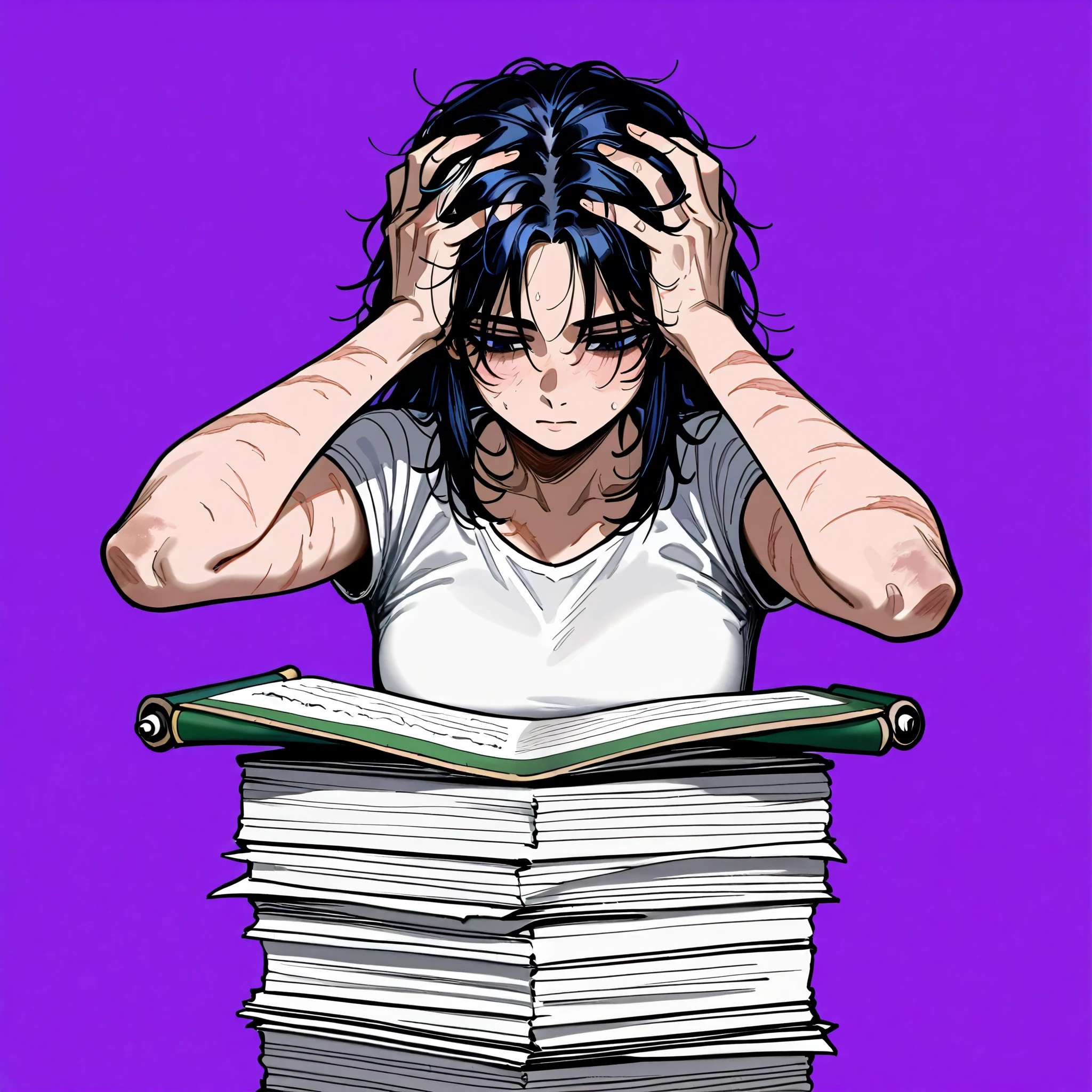 1woman, solo, (simple background), purple background, (upper body at the waist), weathered, gritty, and worn-out appearance, tall, athletic build, with visible scars and dirt smudges,  resembling a mix of scavenged military and punk elements, worn clothes, sewn holes, ((A scroll in your hands)),(a girl surrounded by stacks of papers, littered with papers), (Hands on your head)